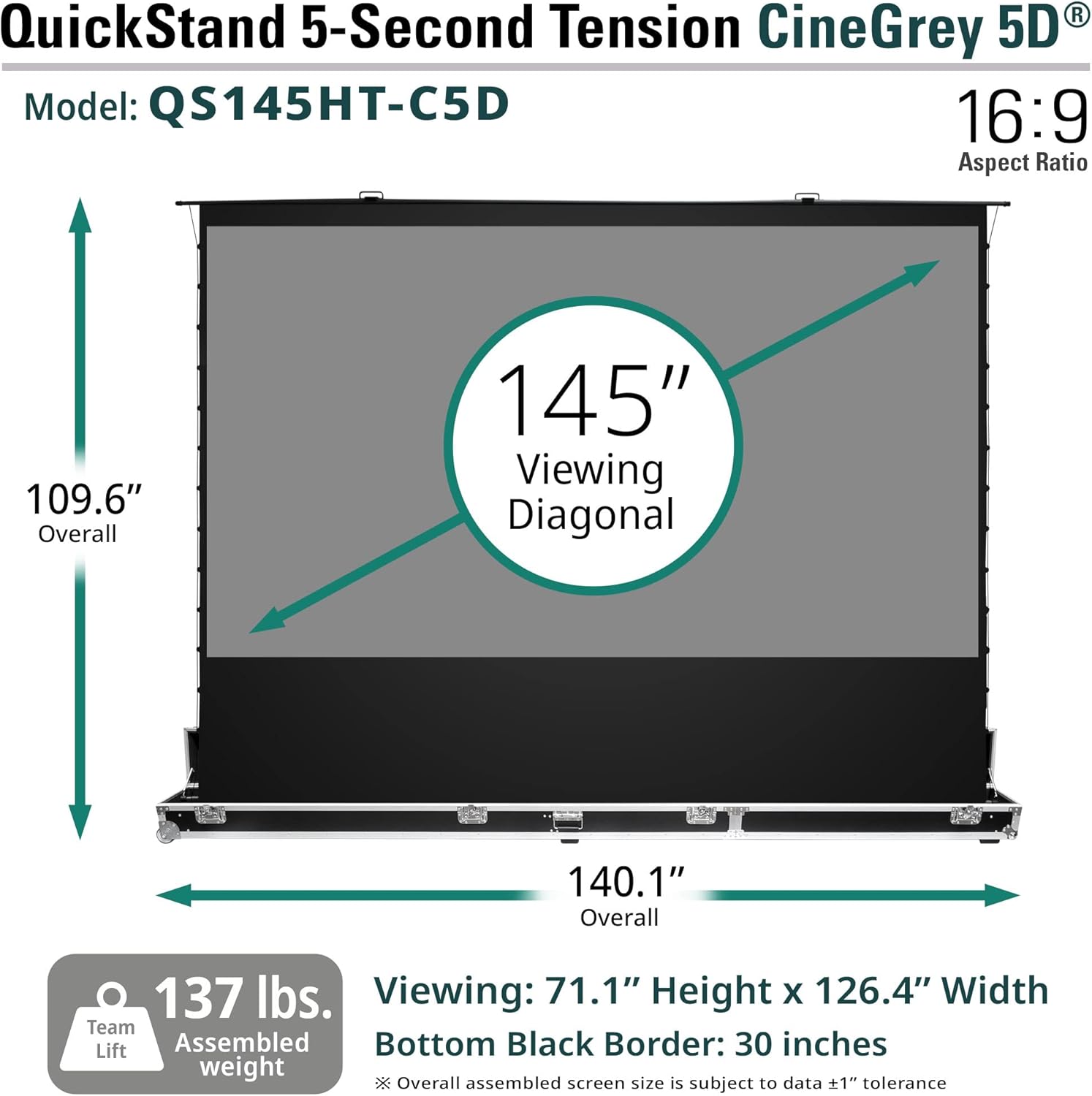 Elite Screens ALR/CLR QuickStand 5-Second Tab-Tension C5D, 145-inch Diag. 16:9, Manual Pull Up Projector Screen, ISF Material Ceiling Ambient Light Rejecting Movie 8K 4K Home Theater, QS145HT-C5D