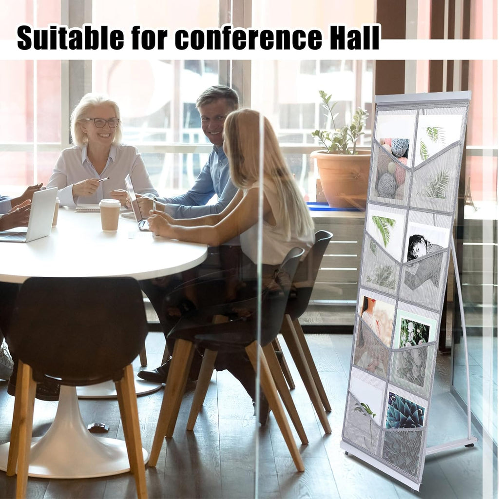 Outus 2 Pcs Mesh Literature Brochure Stand with 8 Pockets Portable Magazine Display Roll up Magazine Rack Lightweight Floor Standing Catalog Office Brochure Display Holder for Business