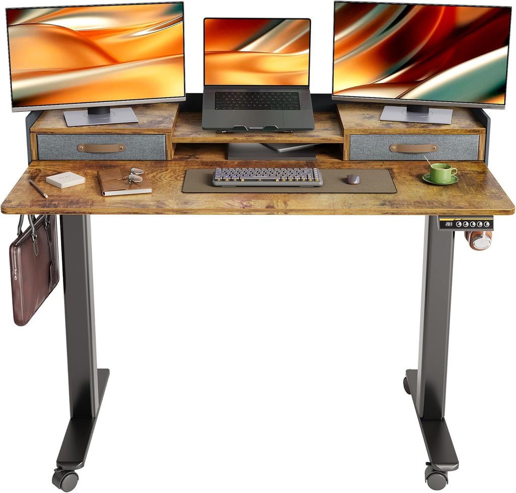 YDN Standing Desk with Drawers, 55 Inch Standing Desk Adjustable Height, Adjustable Electric Stand Up Sit Stand Small Desks with Storage and Shelf, Rustic Brown