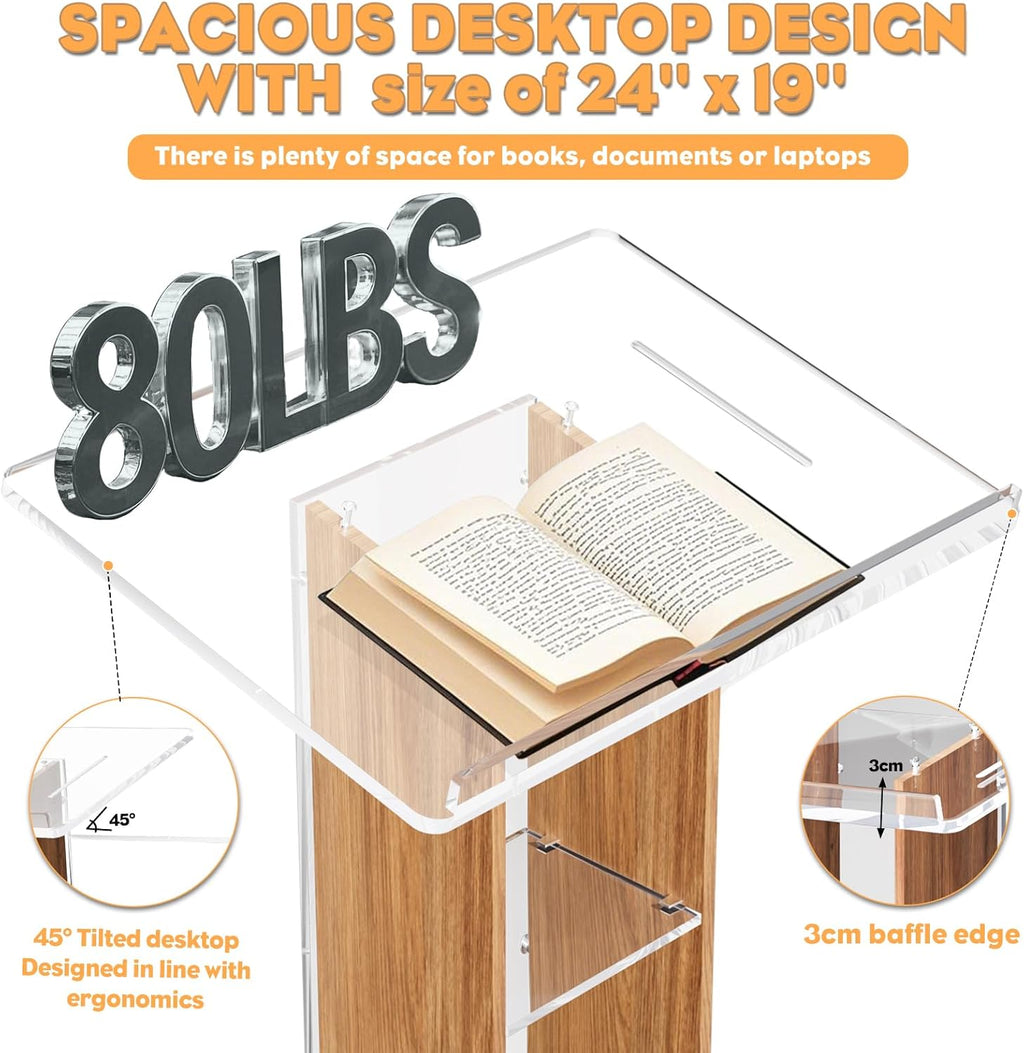 Acrylic Podium Stand, Ultra Clear 43'' Pulpits for Churches with 15 Color Adjustable, Modern Lectern with Storage Sheld for Church,Conference,Speech, 23.62”x 15.75”X 43.3” (Style 2)