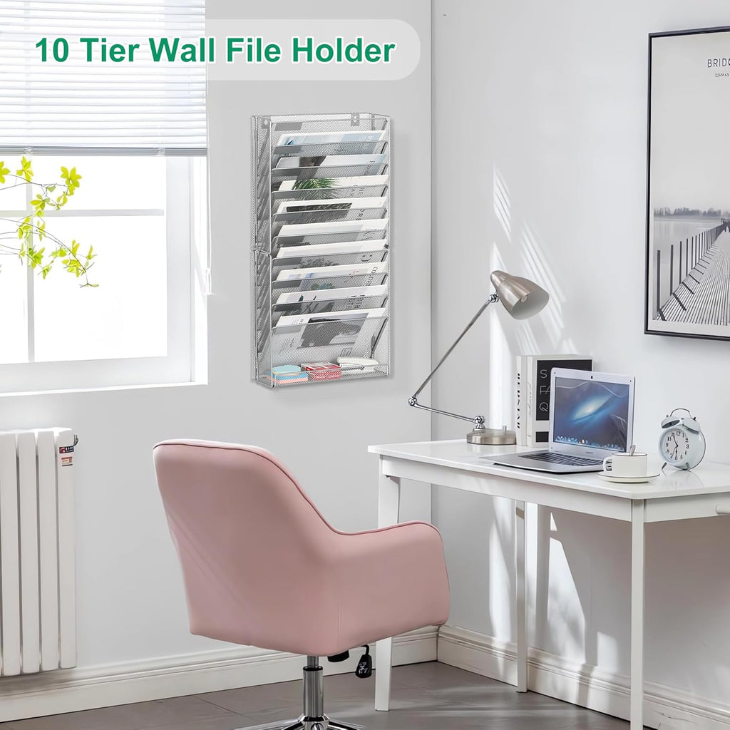 10-Tier Wall File Organizer, Hanging Mail Organizer Wall Mounted Paper Document Holder, Metal Clipboard Storage Basket for Office Home School Organization, Silver