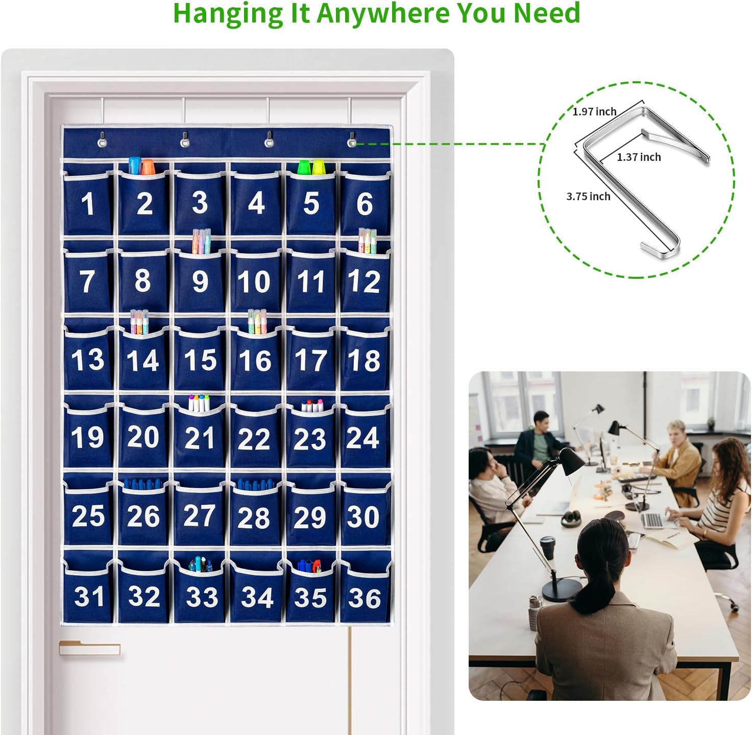 36 Pockets Blue Numbered Classroom Pocket Chart for Cell Phones, Hanging Pocket Chart Storage for Classroom Phone Calculator Holder with 4 Stainless Steel Hooks (Blue-36pockets)