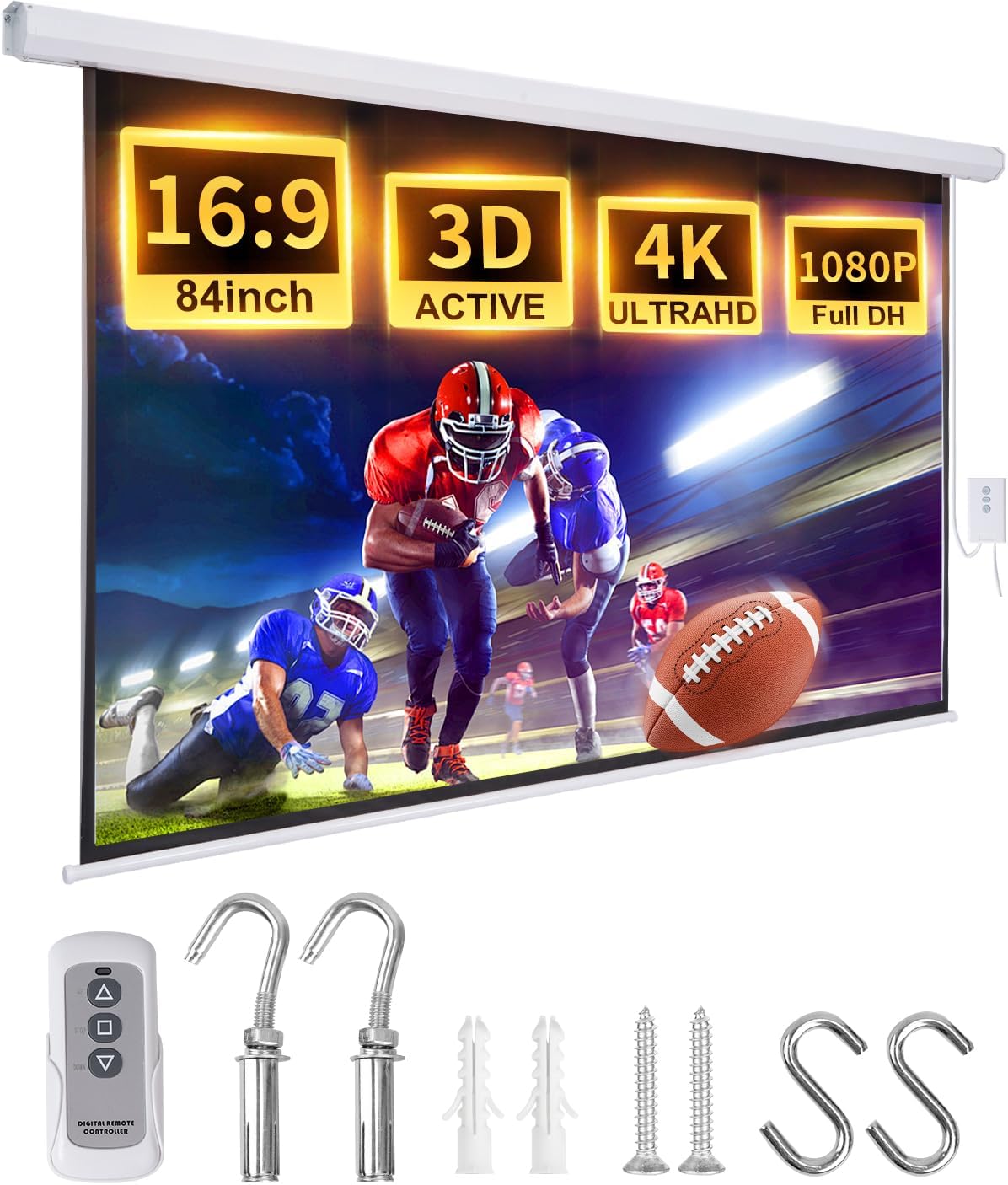 Projector Screen Motorized Pull Down 84 Inch 16:9 Electric Projector Screen with Remote, Automatic Projector Screens Wall Ceiling Mount Small White Movie Screens for Projectors Outdoor Indoor