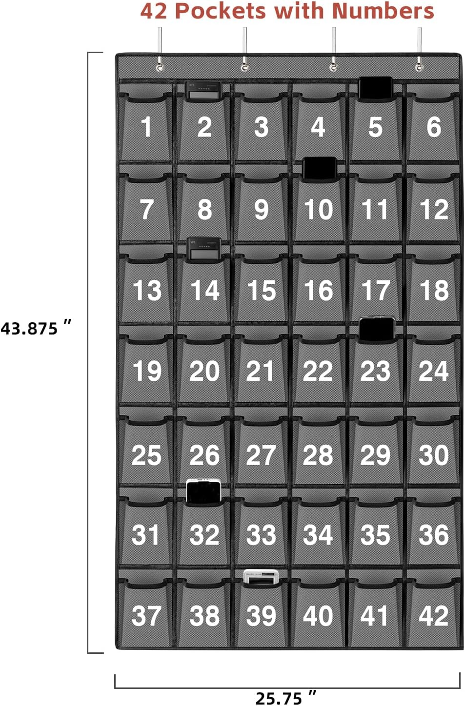 42 Pockets Numbered Classroom Pocket Chart for Cell Phones, Hanging Pocket Chart Storage for Classroom Phone Calculator Holder with 4 Hooks and 42 Clear Numbers Printing (Grey-42pockets)