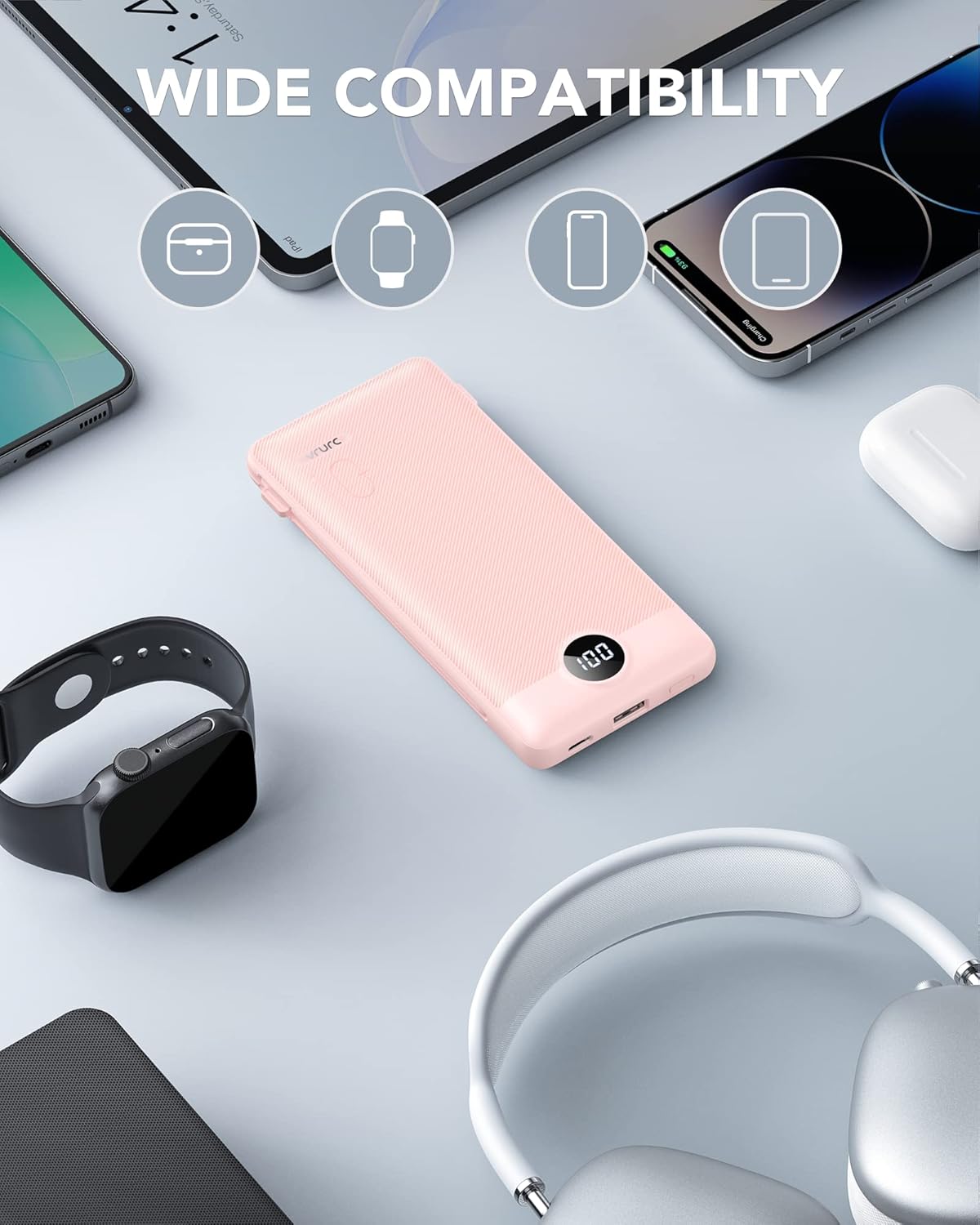 VRURC Portable Charger Built-in Cables and AC Wall Plug, USB C Power Bank 10000mAh, Travel Essentials Phone Charger Compact Lightweight External Battery Pack for Smart Phones, Tablets etc-Pink