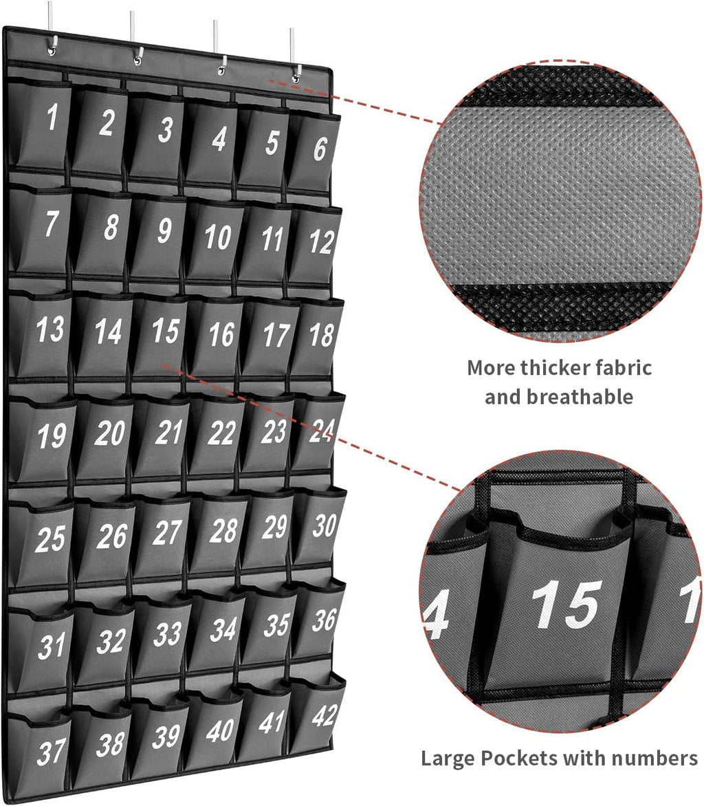 42 Pockets Numbered Classroom Pocket Chart for Cell Phones, Hanging Pocket Chart Storage for Classroom Phone Calculator Holder with 4 Hooks and 42 Clear Numbers Printing (Grey-42pockets)
