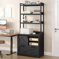 File Cabinet with Charging Station, Vertical Filing Cabinet with Shelves, Black File Cabinet for Home Office, Printer Stand with Open Storage Shelves & Barn Doors, Fits A4/Letter Files