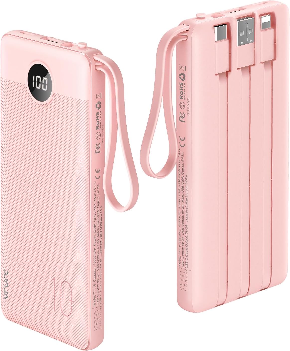 VRURC Portable Charger Power Bank, 10000mAh Travel Essentials Battery Pack, 5 Outputs 2 Inputs Slim Charging Bank Built-in Cables Cords Wires Compatible with iPhone,Samsung,Android-Pink(1 Pack)