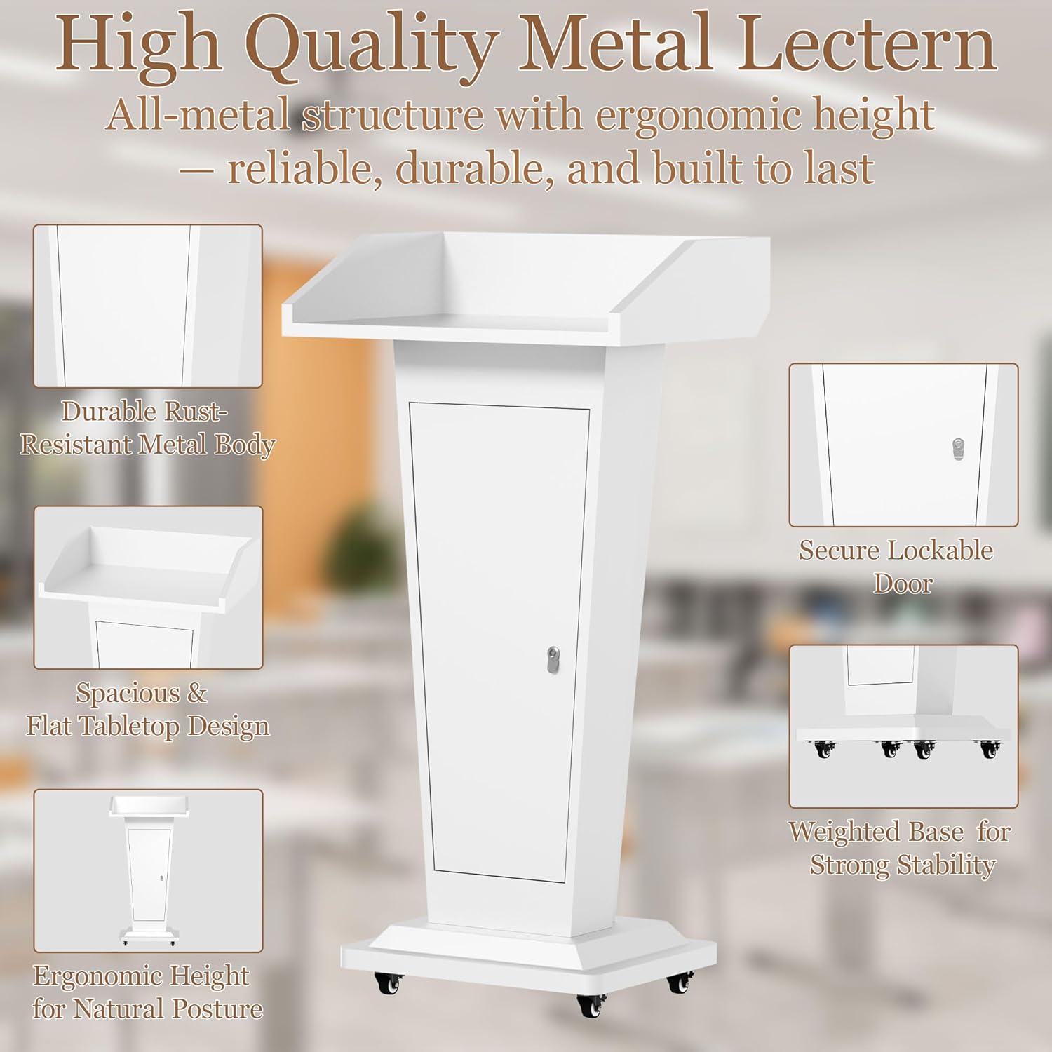 Podium Stand with 4 Locking Wheels, Heavy-Duty Metal Lectern for Church, School, Office, and Conference, Large Lockable Storage Cabinet, 43.7" H, White