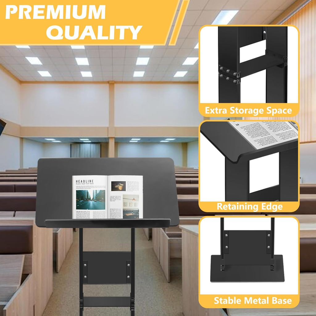 Podium Stand, Lecterns & Podiums, Acrylic Adjustable Angles with Metal Base, Podium for Church, Weddings, Classroom, Speech, 24" L x 16" W x 43.5" H, Black