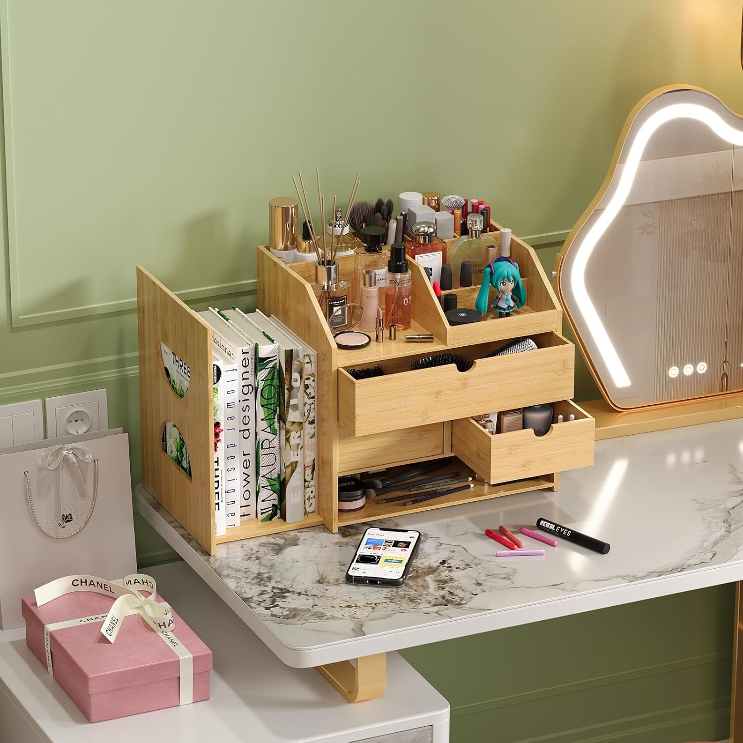 Bamboo Desktop Organizer with 3 Drawers 4 Tier Tabletop Organization Box with Adjustable File Book Holder A4 Full Size Drawer for Office Home