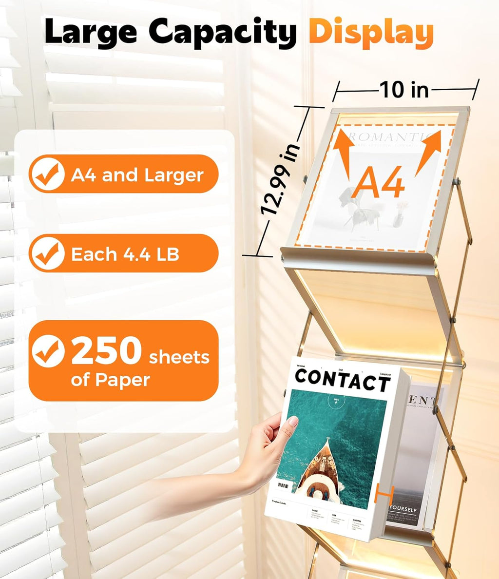 LED Magazine Rack Floor, Sleek Brochure Display with LED Message Writing Board, Mobile Magazine Holder for Trade Shows/Exhibition/Office/Restaurant/Menu Sign with Pens