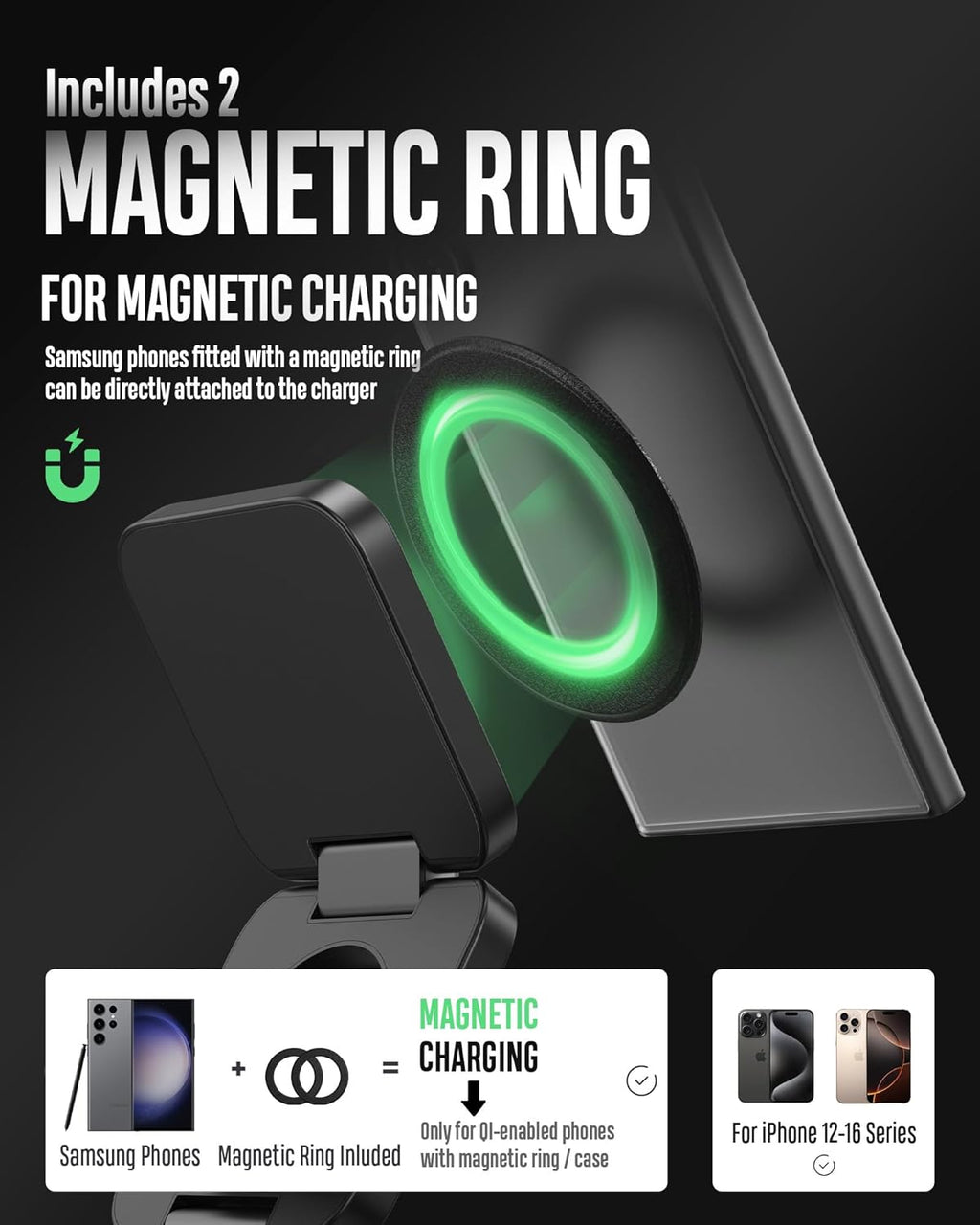 Foldable 3 in 1 Wireless Charging Station for Samsung, KU XIU X55 Ultra Magnetic Travel Charger Stand for Galaxy S24 Ultra S23 S22 Note 20 Z Fold Flip 6 5, Galaxy Watch Ultra 7 6 5, Galaxy Buds, Black