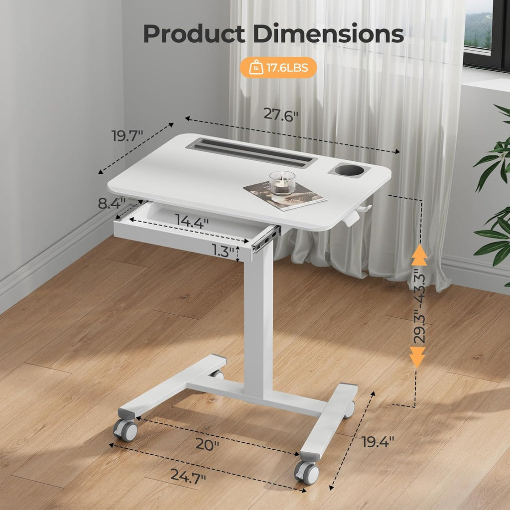 Mobile Standing Desk with Drawer, 28" Rolling Desk with Cup Holder and Hooks, Portable Laptop Cart on Wheels, Height Adjustable Workstation with Storage for Home Office, White