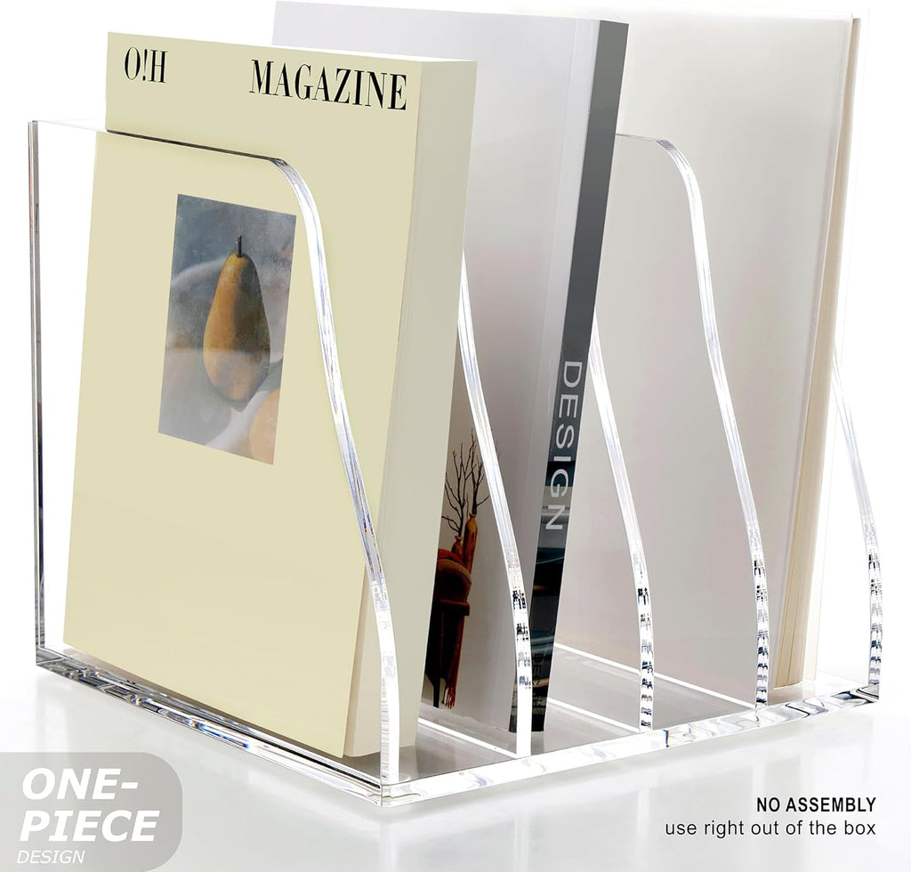 SANRUI Acrylic Desk File Organizer, 4 Vertical Compartments Clear Magazine File Holder Workspace Sorters, Folder Rack for Office Accessories Organization Storage