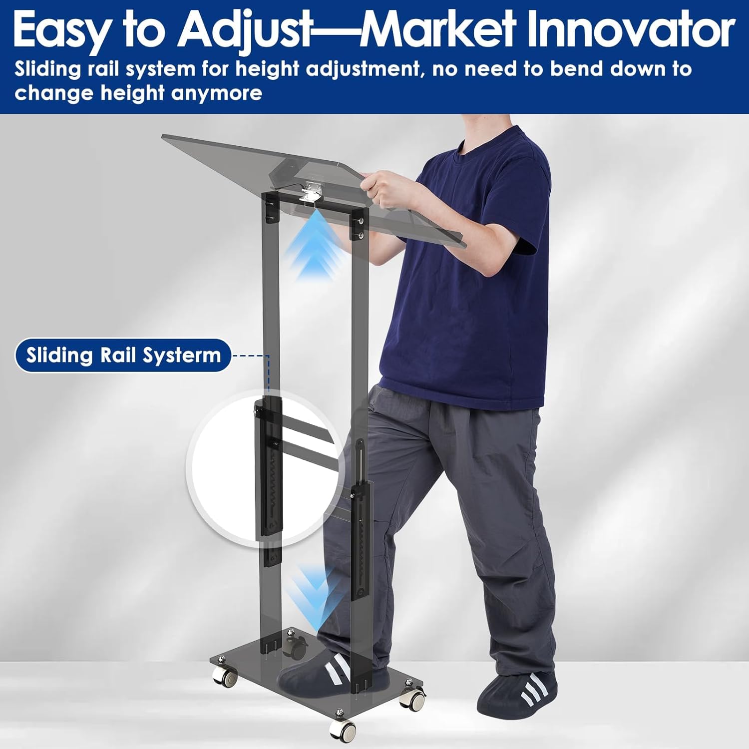 Acrylic Podium Stand,49"H Rolling Podium with Lockable Wheels,Height & Angle Adjustable Lecterns & Podiums, Portable Podium for Classroom,Pulpits for Churches,Speech, Black