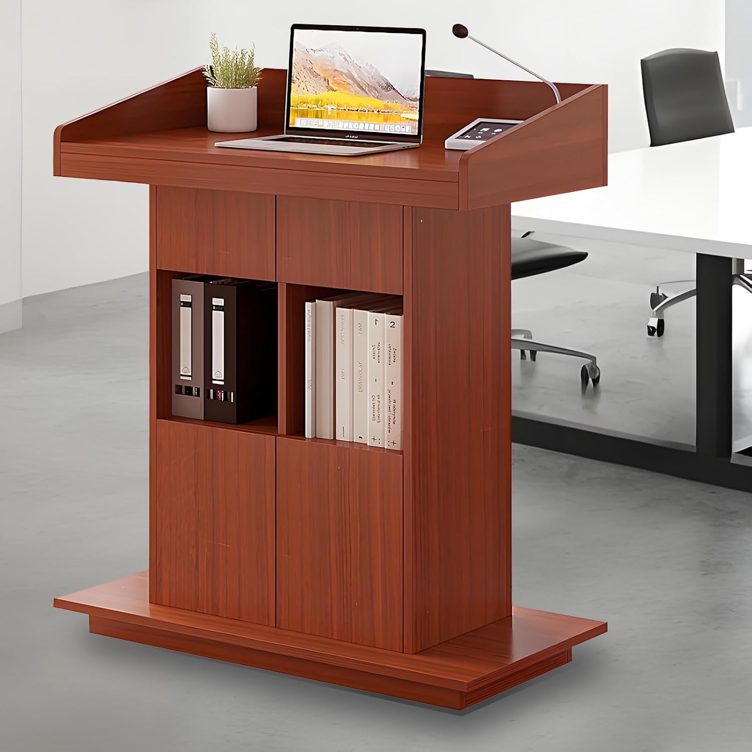 Solid Wooden Podium Stand Podiums for Classroom Lectern Podium Stand Wood Church Pulpit with 3 Levels of Storage and Heightened Baffles (Teak Color, 39.4in)