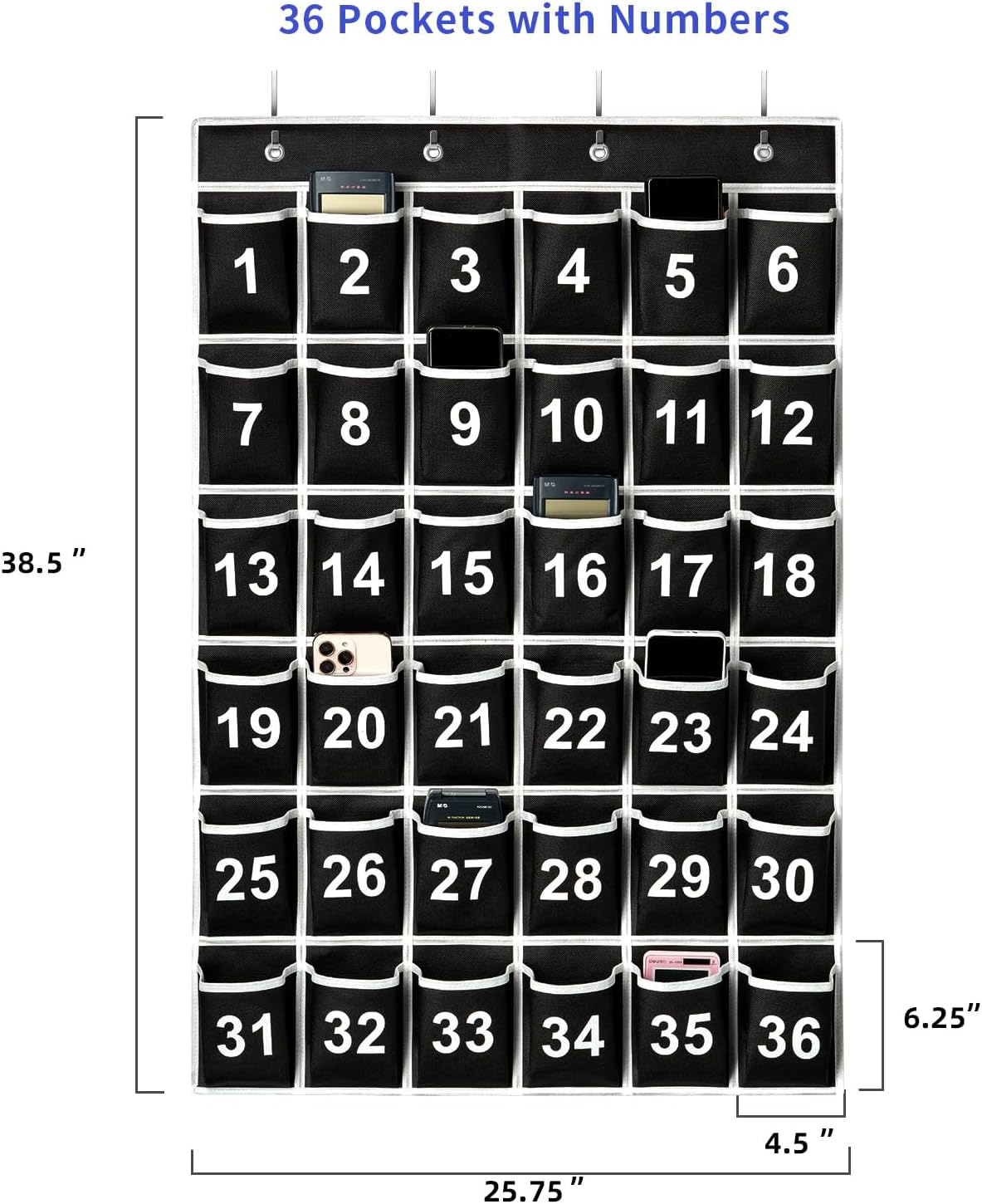 36 Pockets Black Numbered Classroom Pocket Chart for Cell Phones, Hanging Pocket Chart Storage for Classroom Phone Calculator Holder with 4 Hooks (Black-36pockets)