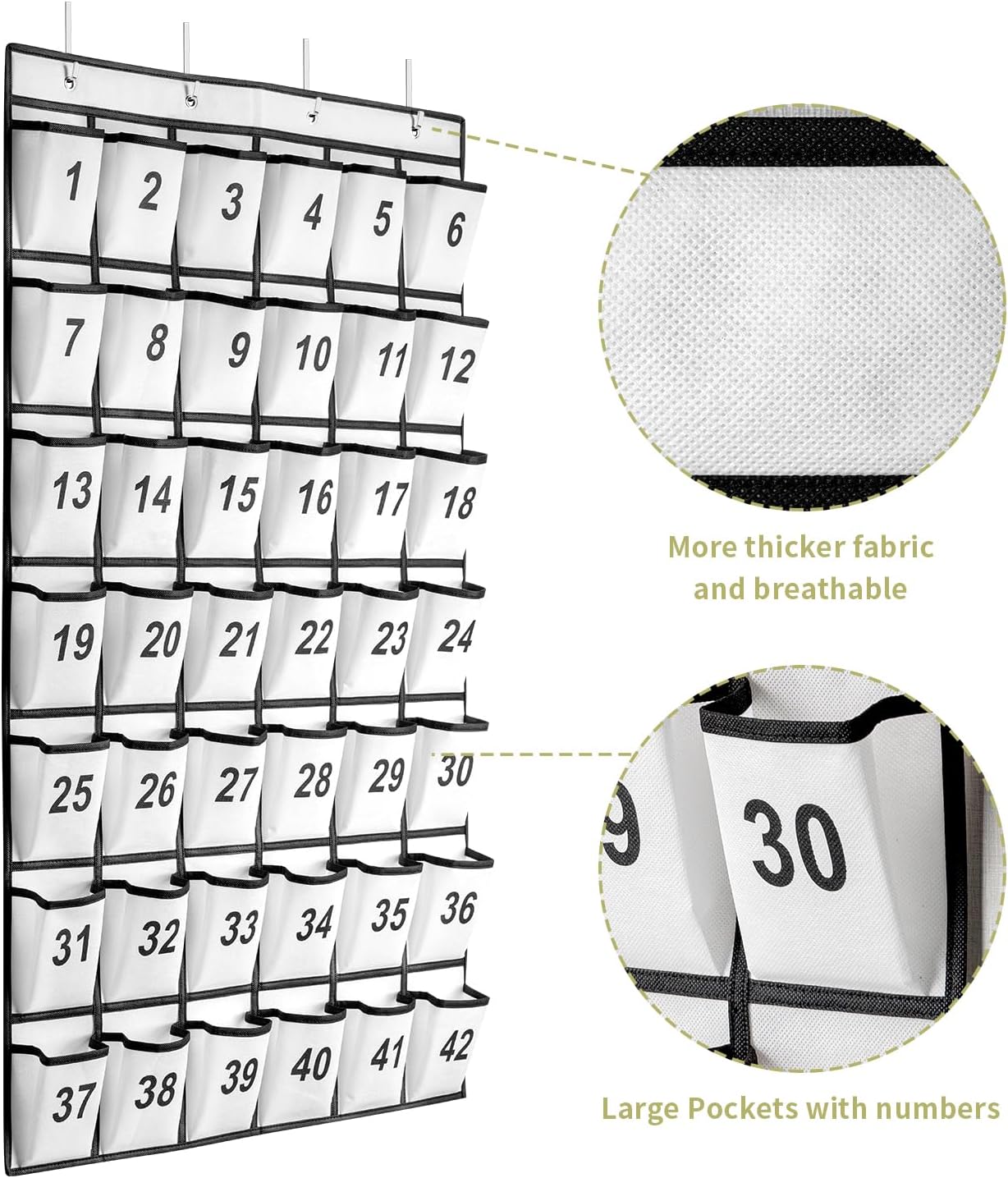 42 Pockets Numbered Classroom Pocket Chart for Cell Phones, Hanging Pocket Chart Storage for Classroom Phone Calculator Holder with 4 Hooks and 42 Clear Numbers Printing (White-42pockets)