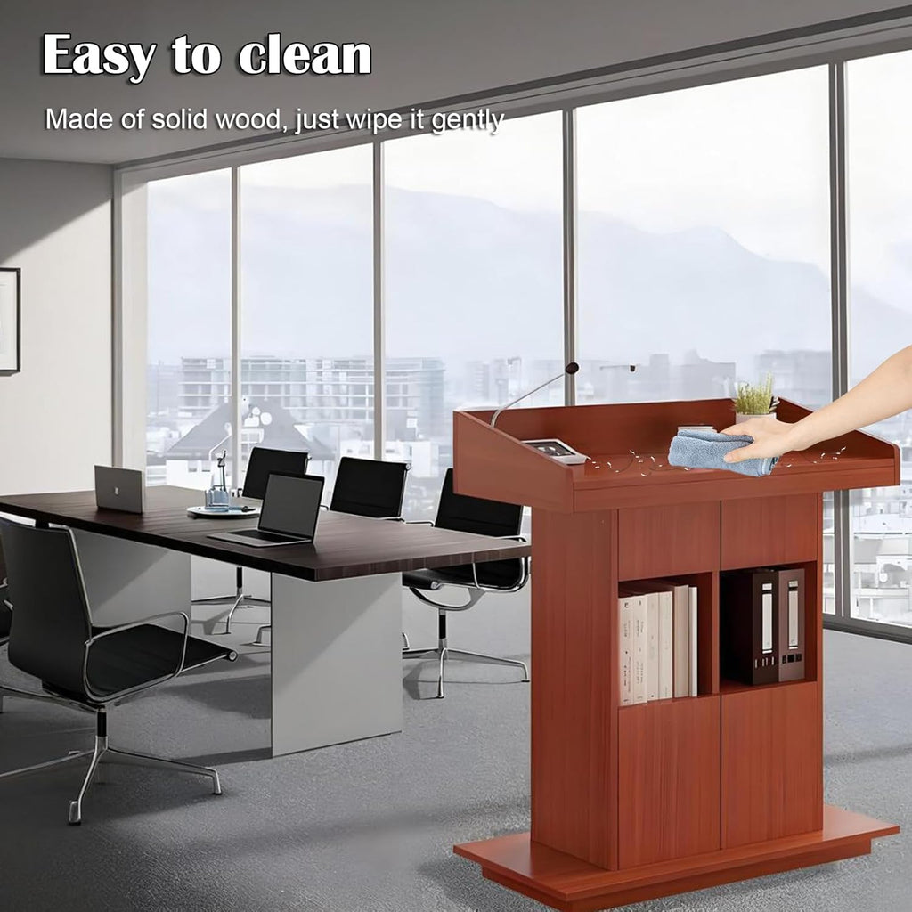 Solid Wooden Podium Stand Podiums for Classroom Lectern Podium Stand Wood Church Pulpit with 3 Levels of Storage and Heightened Baffles (Teak Color, 31.5in)