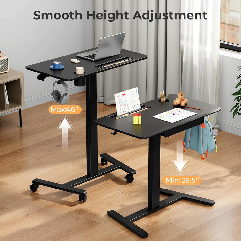 Mobile Standing Desk with Drawer, 35" Small Standing Desk with Cup Holder, Rolling Laptop Cart on Wheels, Height Adjustable Table with Storage for Home Office, Black