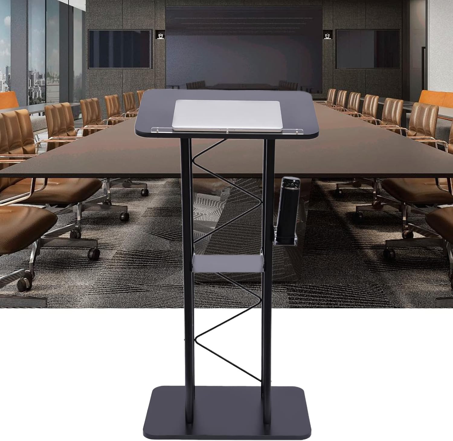 LOYALHEARTDY Black Curved Podium, Truss Metal Pulpit Lectern with A Cup Holder Durable Powder Coat Finish Conference Pulpit Podium for Church School Lectern 47-inch