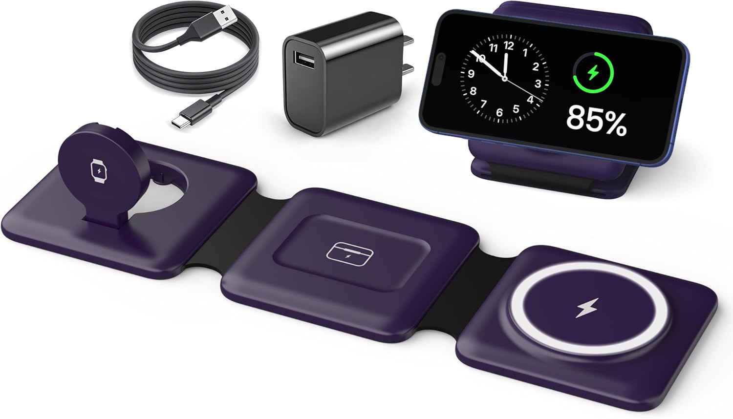 Charging Station for Mag Safe Apple - 3 in 1 Magnetic Foldable Wireless Charger Pad - Travel Charging Mat for iPhone 16 15 14 13 12 Pro Max Plus Watch & Airpods