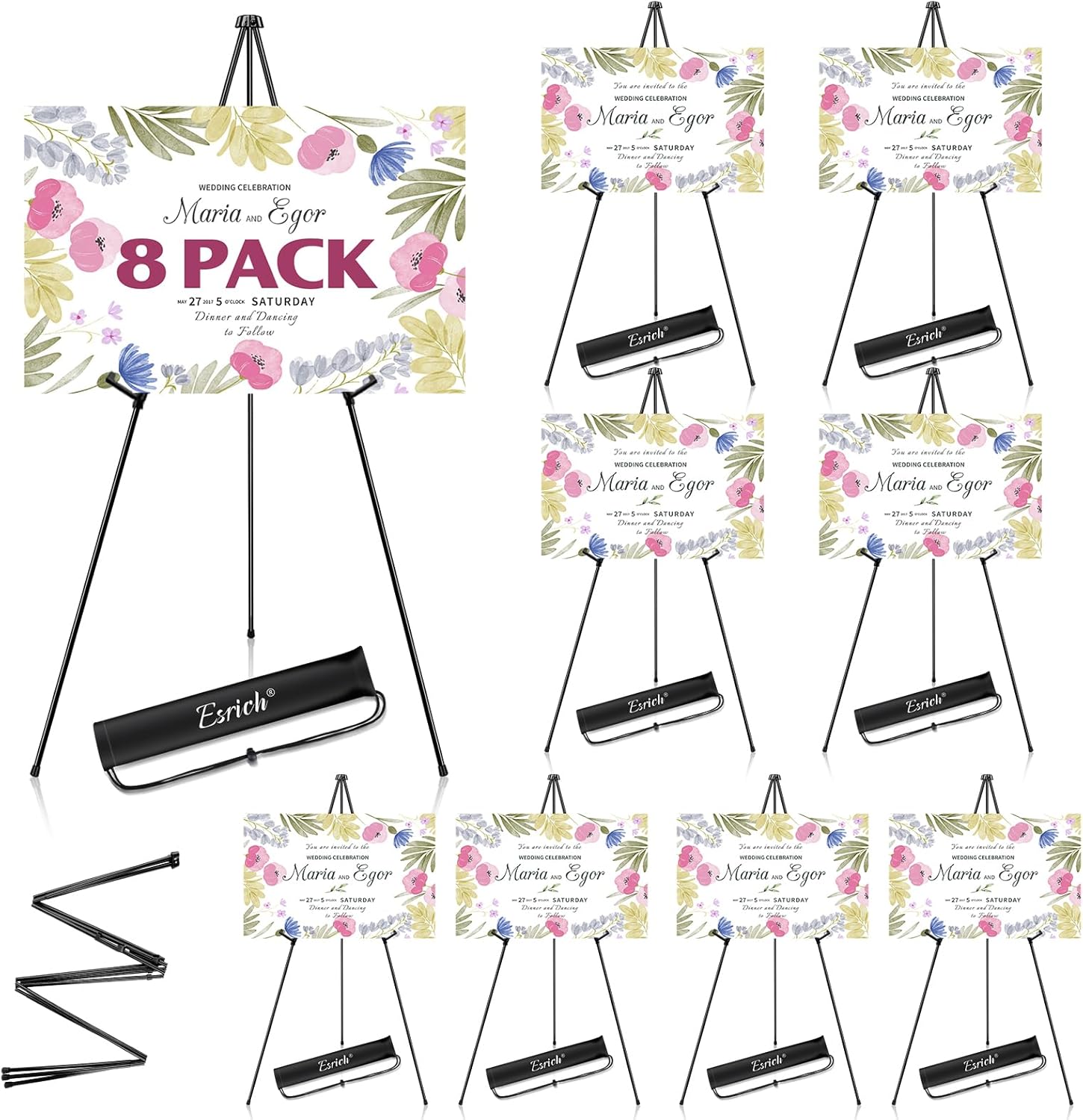 ESRICH 8 Pack Easel Stand for Sign, 63" Easels for Display, Lightweight Metal Easels for Signs Wedding Logos,Arts, Painting,Adjustable Easel Stand with Storage Bag