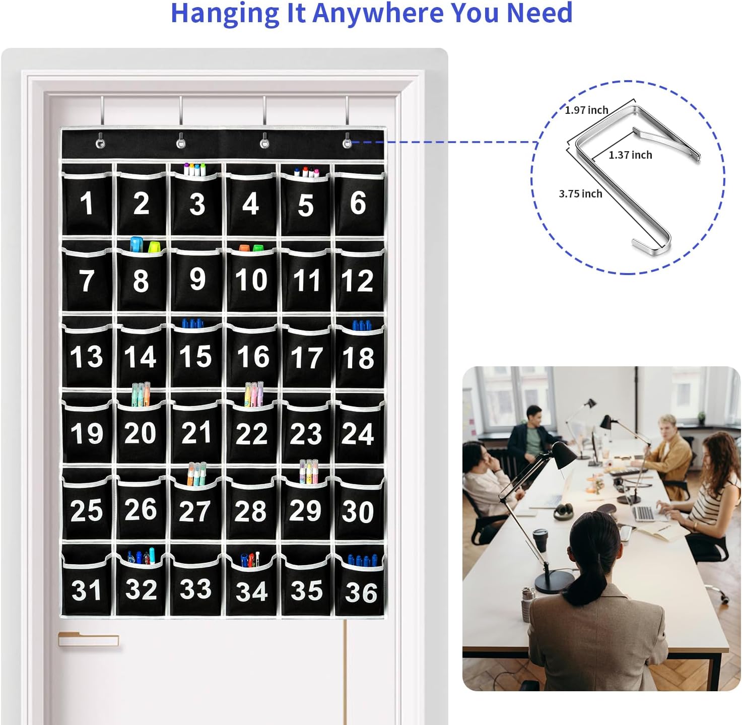 36 Pockets Black Numbered Classroom Pocket Chart for Cell Phones, Hanging Pocket Chart Storage for Classroom Phone Calculator Holder with 4 Hooks (Black-36pockets)