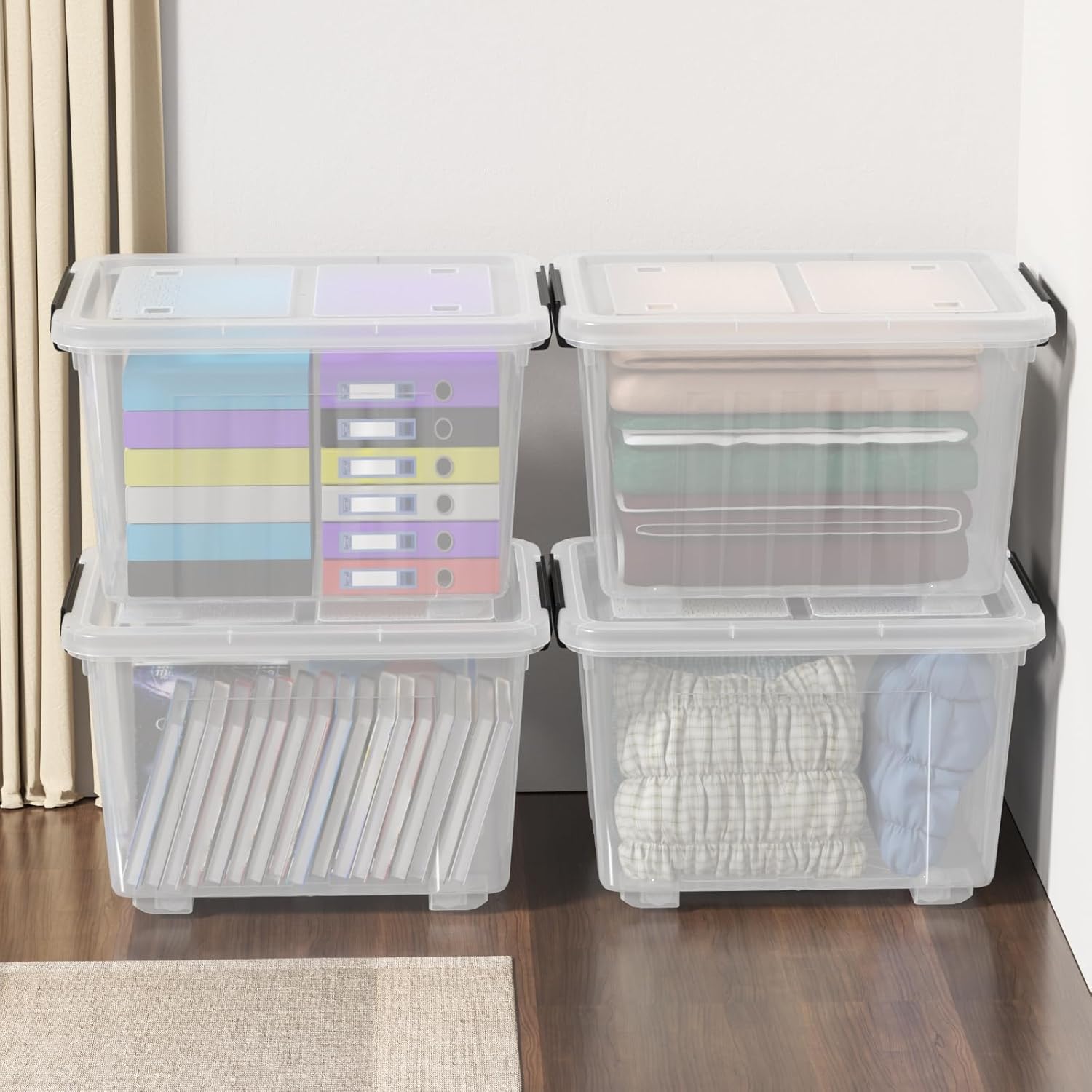 4-Pack 50 Quarts Plastic Box with Lids, Large Clear Latch Storage Tote, Stackable Bin with Wheels