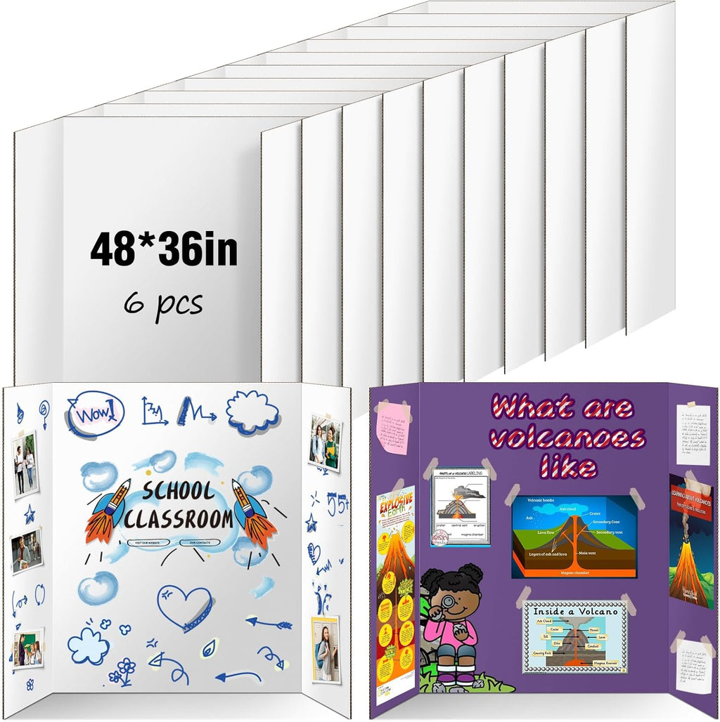 6 Pack Trifold Poster Board 48" X 36", IKAYAS Double Sided White Tri-fold Poster Boards, Science Fair Display Boards Posterboard Foamboard for Mounting, Art, Display, Projects Classroom Supplies