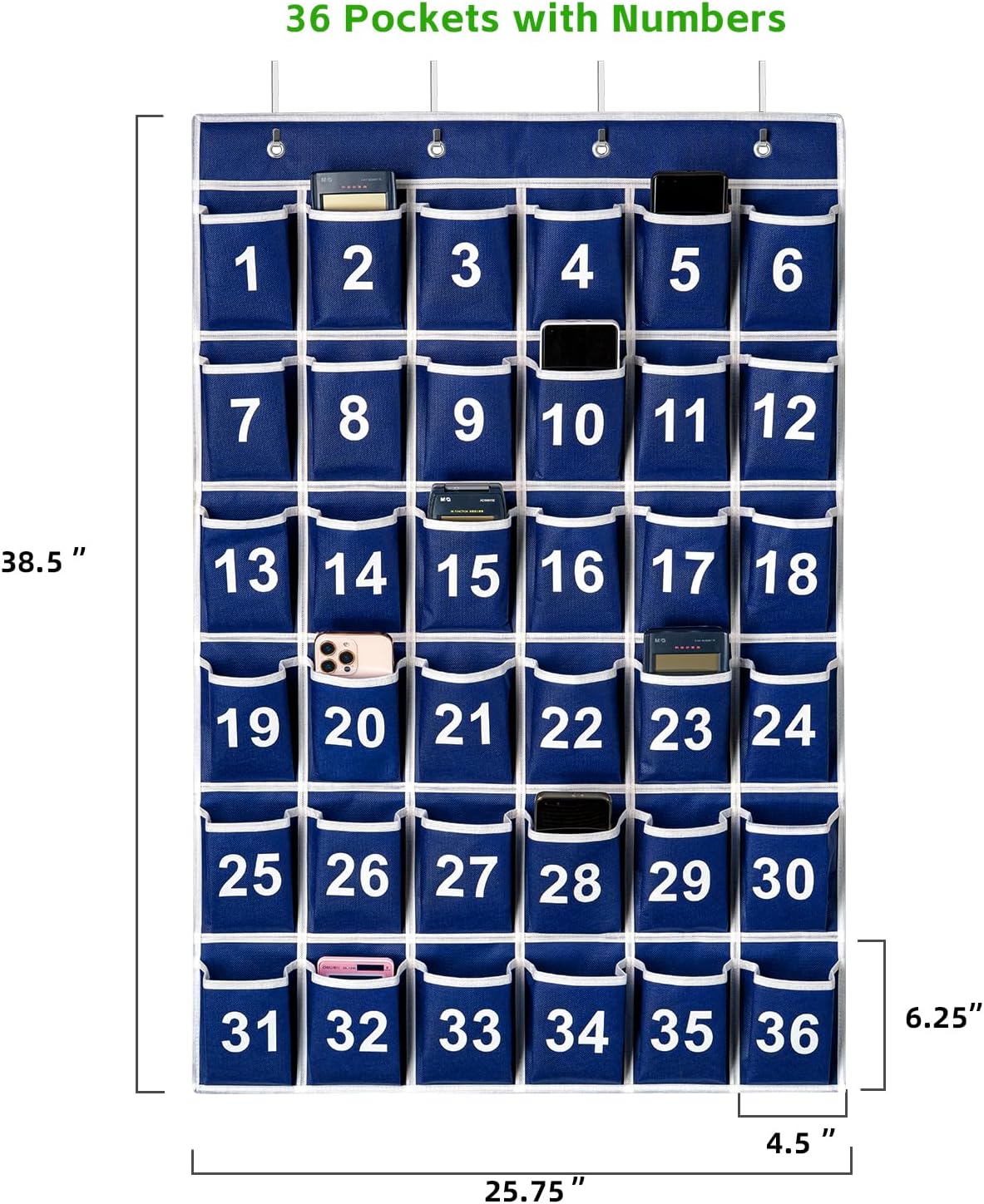 36 Pockets Blue Numbered Classroom Pocket Chart for Cell Phones, Hanging Pocket Chart Storage for Classroom Phone Calculator Holder with 4 Stainless Steel Hooks (Blue-36pockets)