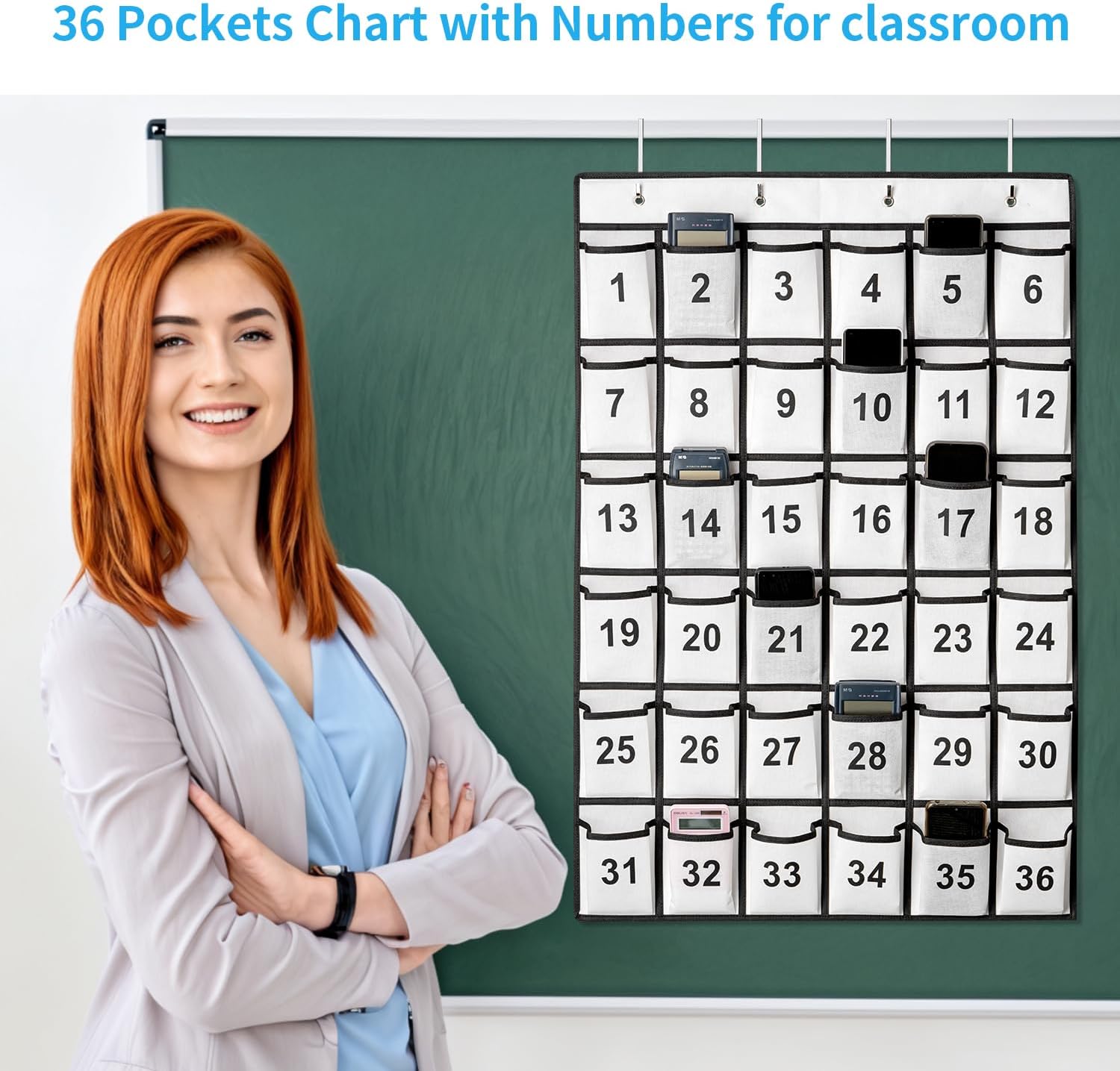 36 Pockets Numbered Classroom Pocket Chart for Cell Phones, Hanging Pocket Chart Storage for Classroom Phone Calculator Holder with 4 Stainless Steel Hooks (White-36pockets)