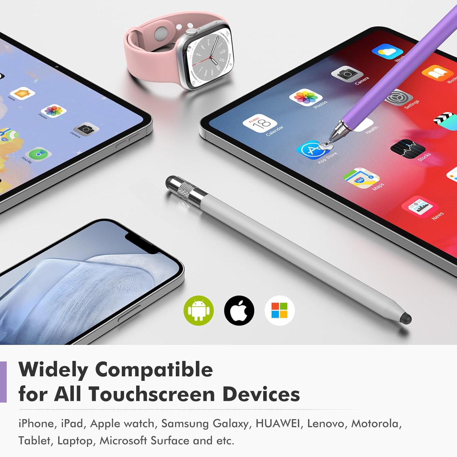 MEKO 3 in 1 Stylus Pens for Touch Screens, High Sensitivity & Precision Capacitive Stylus Pencil for Apple iPad iPhone Tablets Samsung Galaxy All Universal Touchscreen Devices (2 Pack-Silver/Purple)