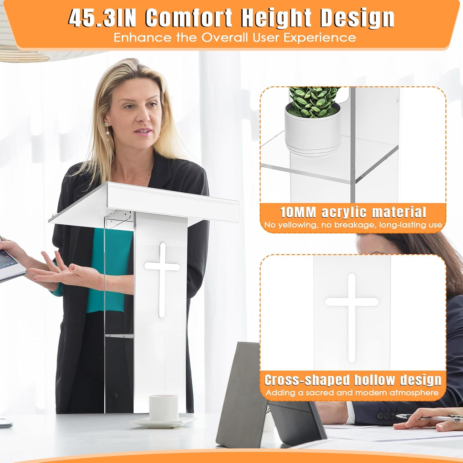 45.3 Acrylic Podium Lectern, Pulpit for Churches Stand with Double Shelves, Modern Plexiglass Pulpits Lectern with Cross Design for Classroom, Conference, Presentation,Wedding