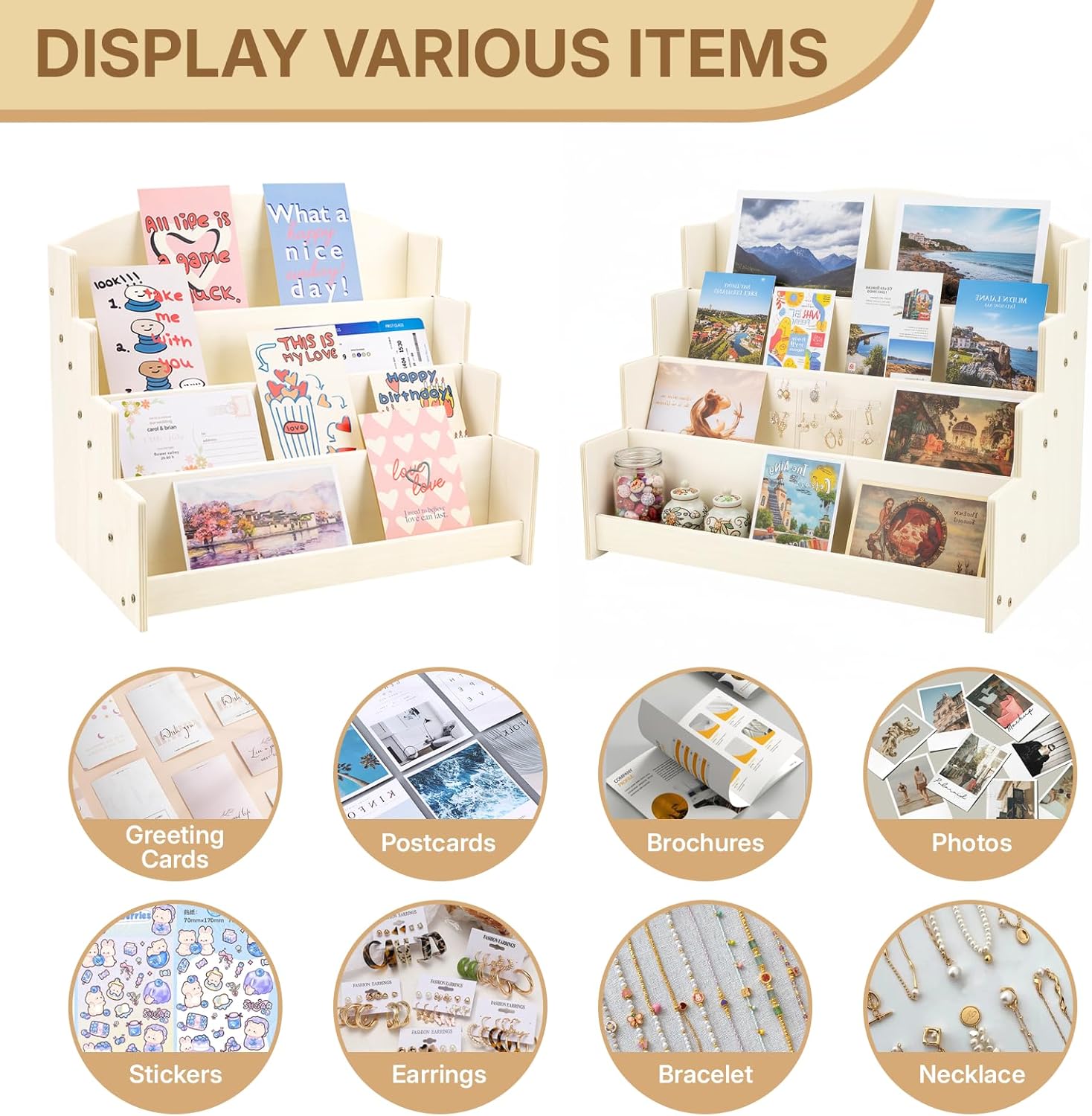 4 Tier 1Pc Wooden Greeting Card Display Stand, Sticker Organizer Rack, Retail Photos Shelf for Vendors Craft Collection, Retail Stores, Postcards, Jewelry, Snacks