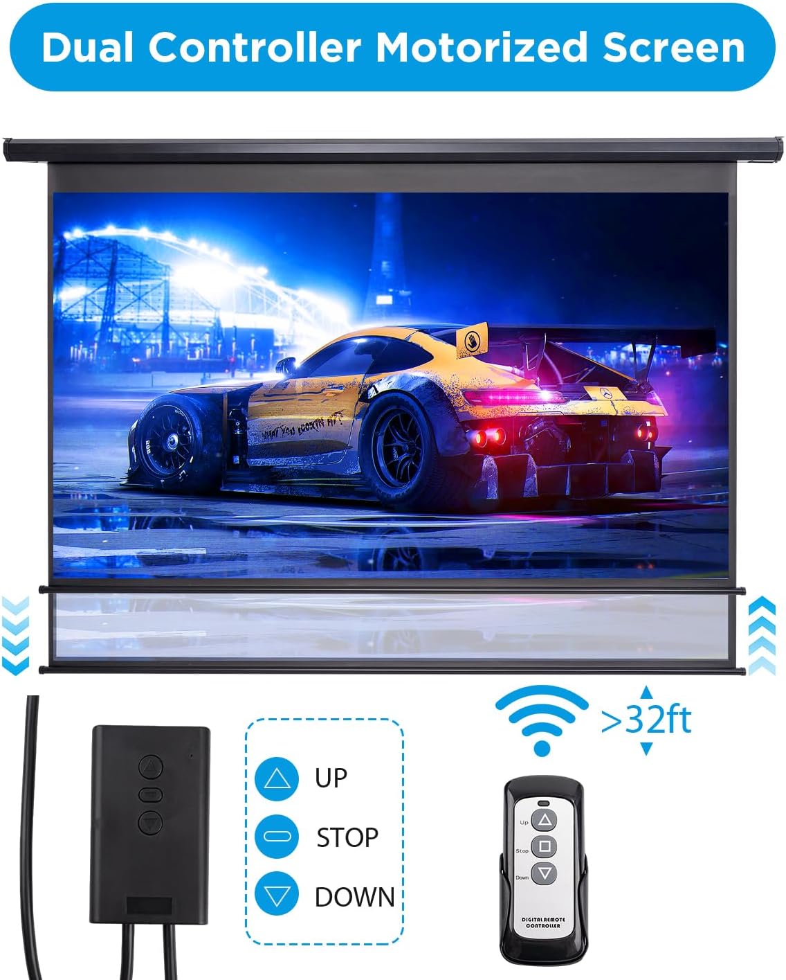 Projector Screen Motorized 100 Inch Electric Projector Screen with Remote Ceiling Mount Hooks, Pull Down Retractable Projection Screen Movie Screen Black 16:9, Automatic Projector Screen Roll Down