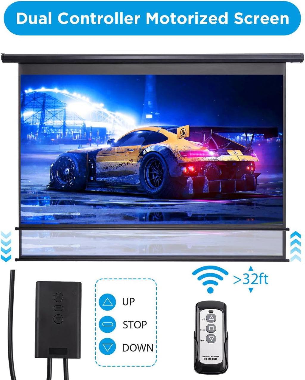 Motorized Projector Screen Pull Down 120 Inch Automatic Projector Screen with Remote Control and Ceiling Mount Hooks, Electric Projection Screen Retractable Black Movie Screen 4:3 Outdoor Indoor
