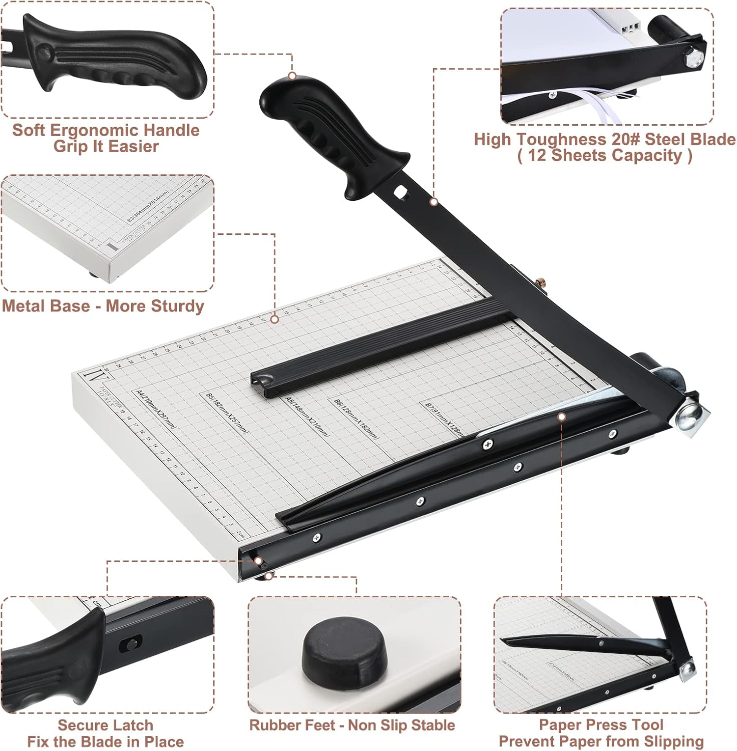 PATIKIL Paper Cutter A4 Stack Paper Trimmer for Cardstock, 12" Cutting Length, Guard Rail Paper Press Tool, Adjustable Guide, Metal Base, 12-Sheets Capacity, Paper Slicer for Office, Home