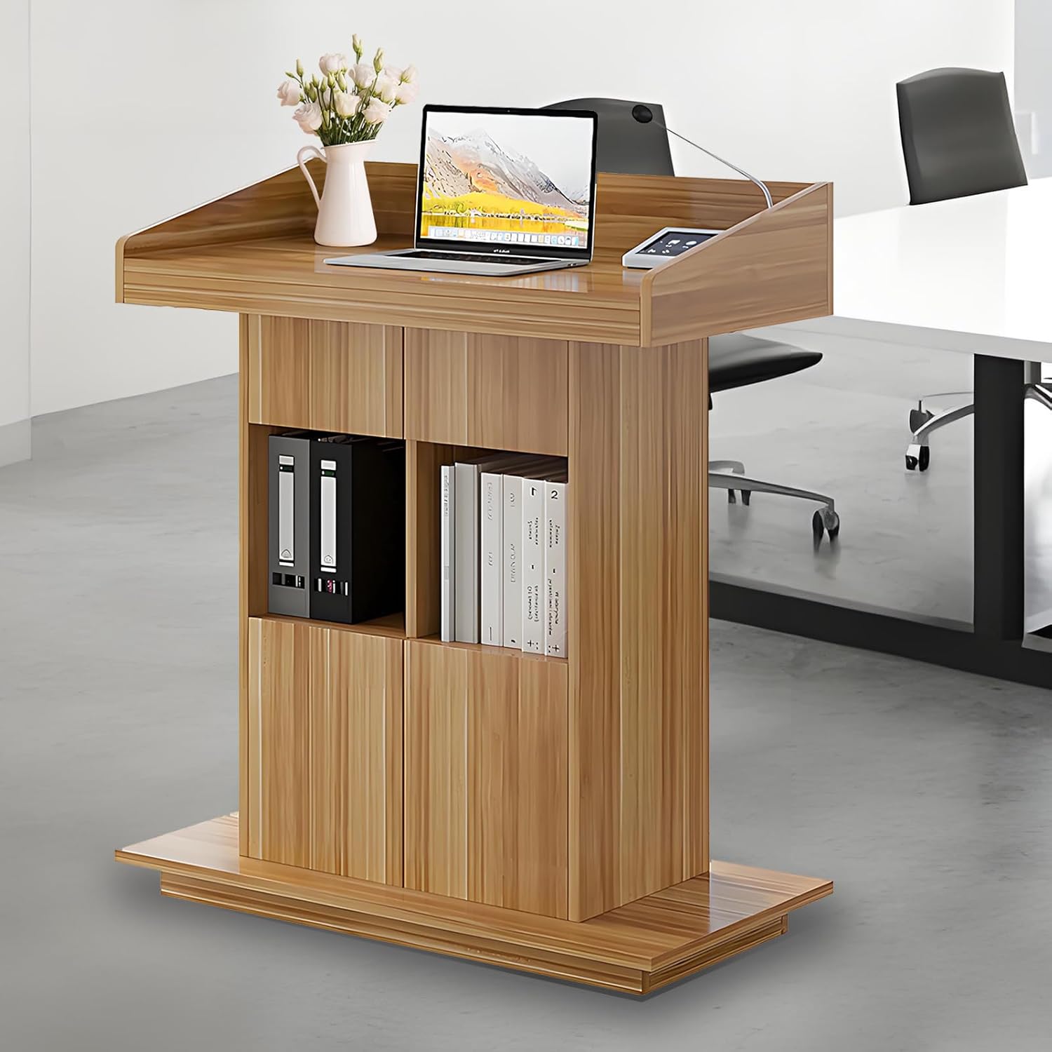 Solid Wooden Podium Stand Podiums for Classroom Lectern Podium Stand Wood Church Pulpit with 3 Levels of Storage and Heightened Baffles (Wood Color, 39.4in)