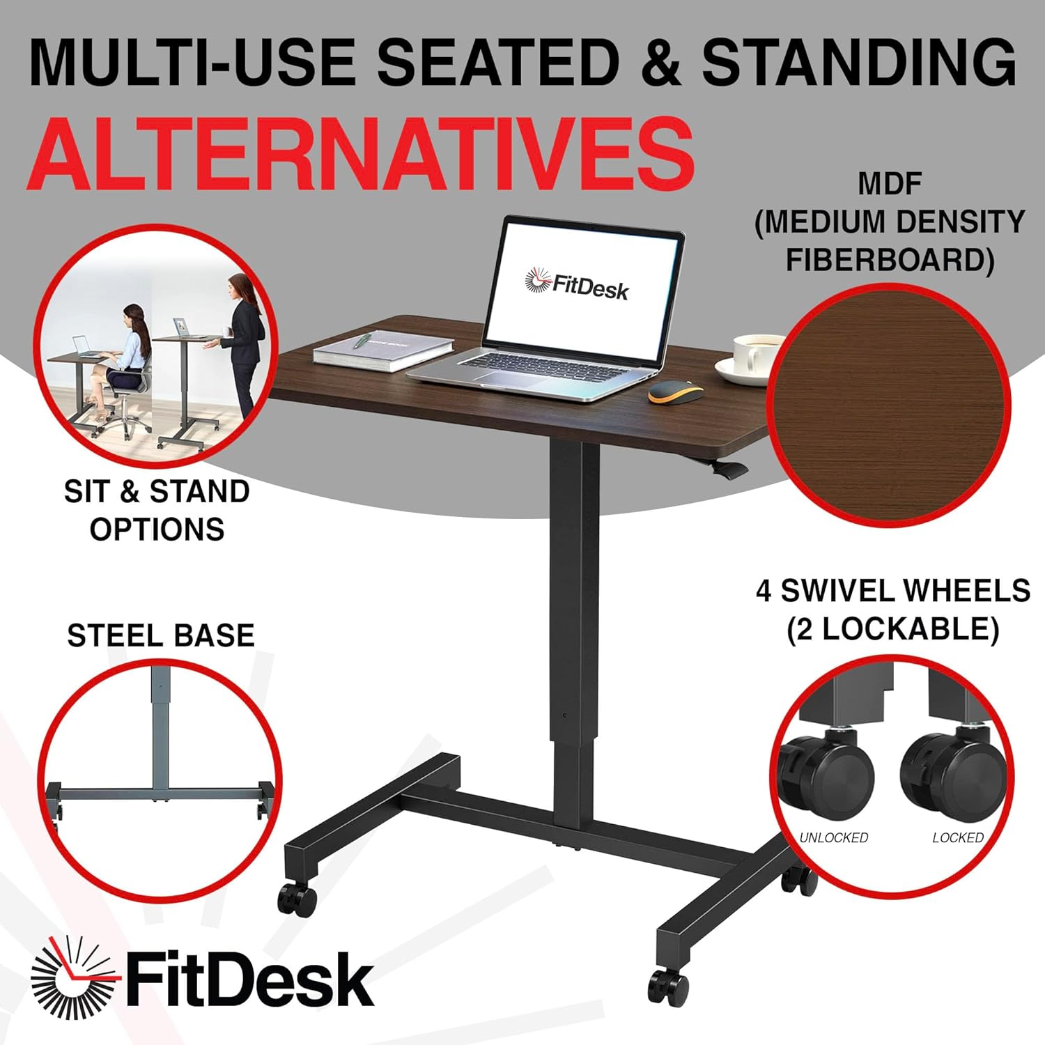 FitDesk Portable Laptop Desk, Rolling Standing Workstation Adjustable Height, Compact Standing Table with Large Surface, Small Stand Desk for Home Office, 30 lb Weight Limit – Walnut, 27" Tabletop