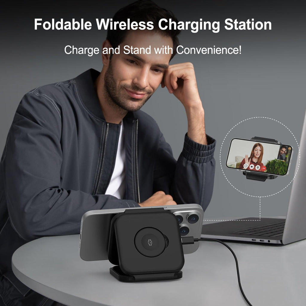 Wireless Charging Station for Apple Multiple Devices - 3 in 1 Foldable Magnetic Wireless Charger - Travel Charging Pad for iPhone 16 15 14 13 12 Pro Max Plus Watch & AirPods (Black)