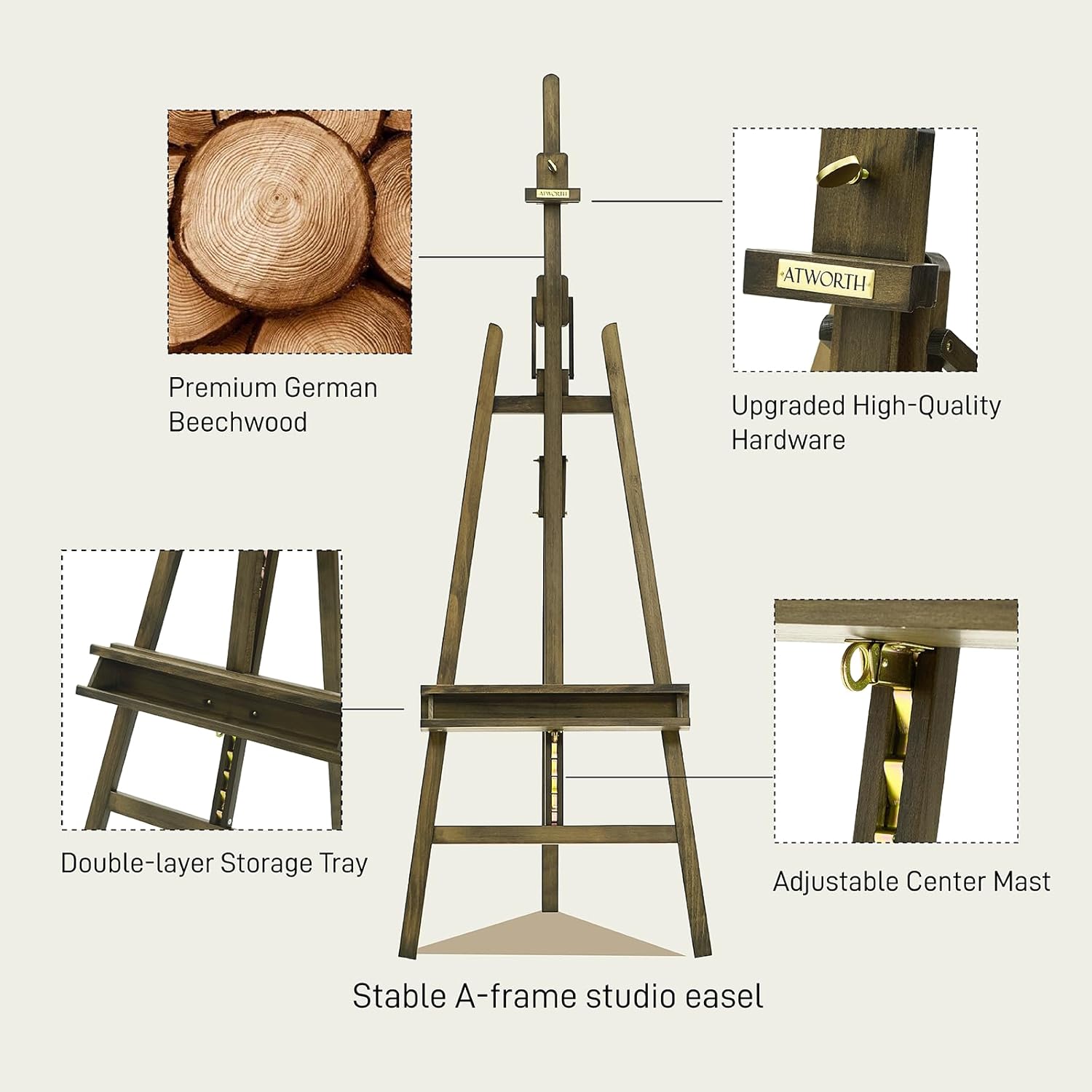 Studio Art Easel, Solid Beech Wood Artist Easel, Hold Canvas up to 48”, Adjustable A-Frame Lyre Style Painting Easel Stand with Storage Tray, Gray