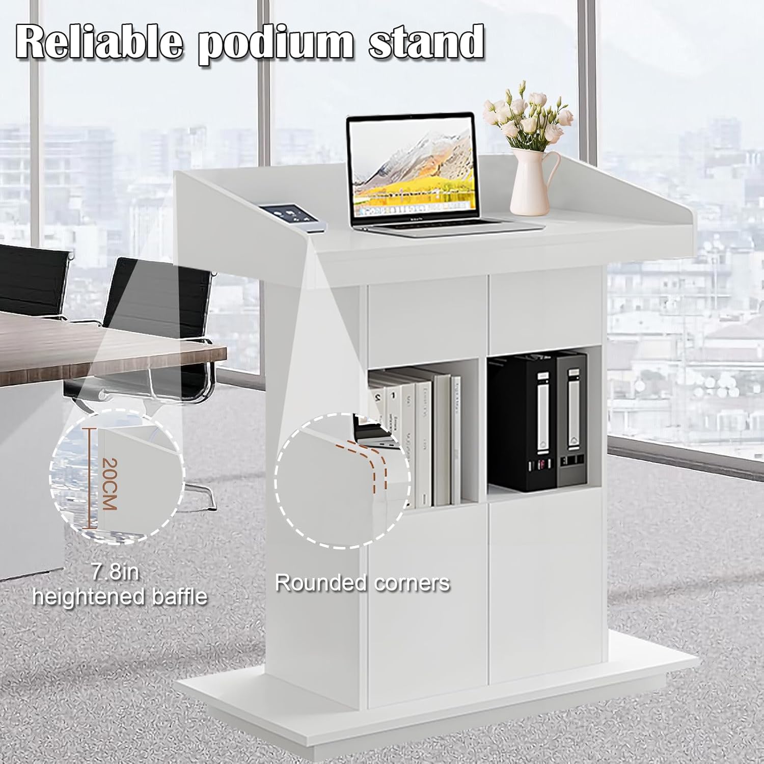 Solid Wooden Podium Stand Podiums for Classroom Lectern Podium Stand Wood Church Pulpit with 3 Levels of Storage and Heightened Baffles (White, 39.4in)