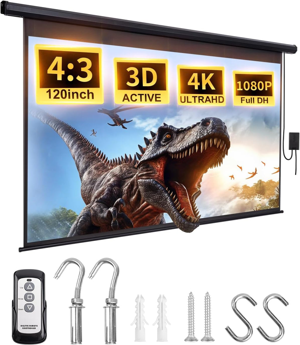 Motorized Projector Screen Pull Down 120 Inch Automatic Projector Screen with Remote Control and Ceiling Mount Hooks, Electric Projection Screen Retractable Black Movie Screen 4:3 Outdoor Indoor