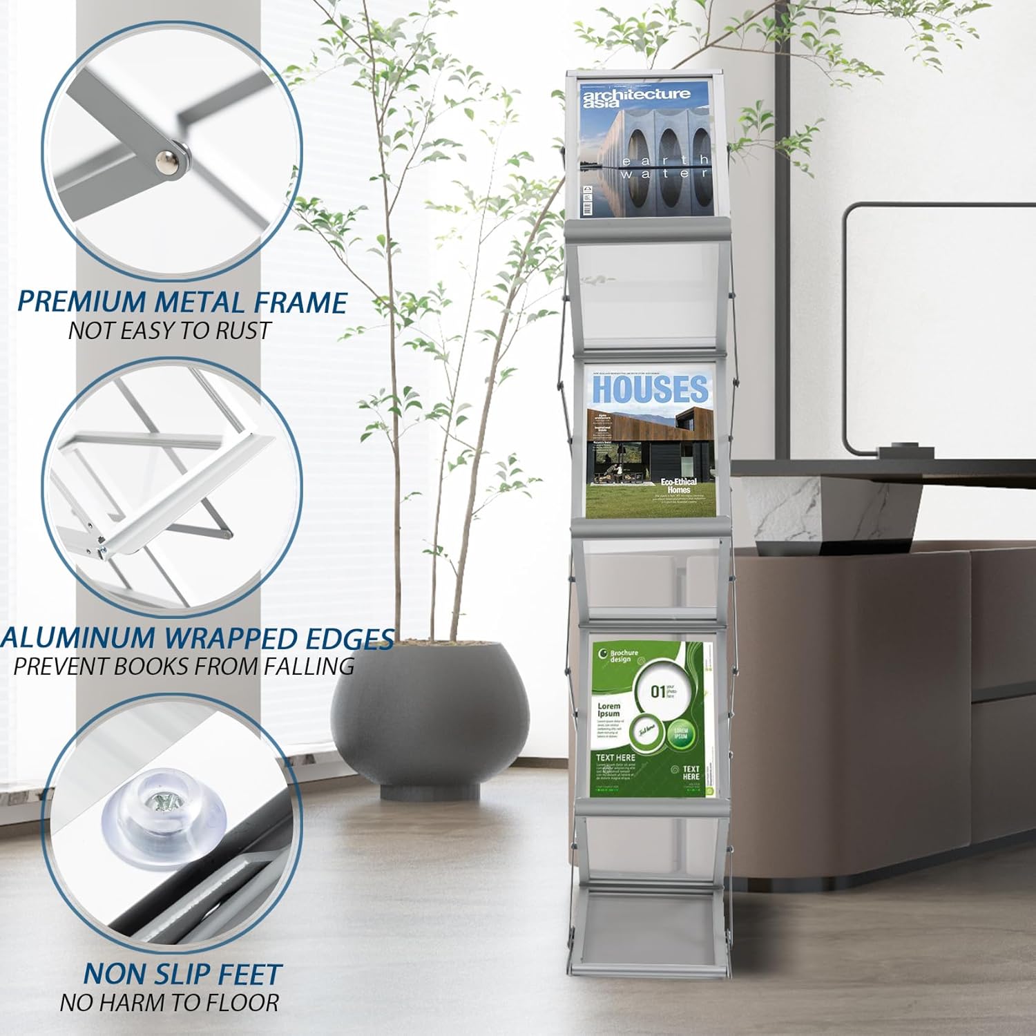 6 Pockets Aluminum Floor Standing Magazine Rack with Carrying Bag, Portable Pop-up Brochure Display Stand, Foldable Catalog Literature Display Stand, A4 Size, for Exhibition, Trade Shows, Office