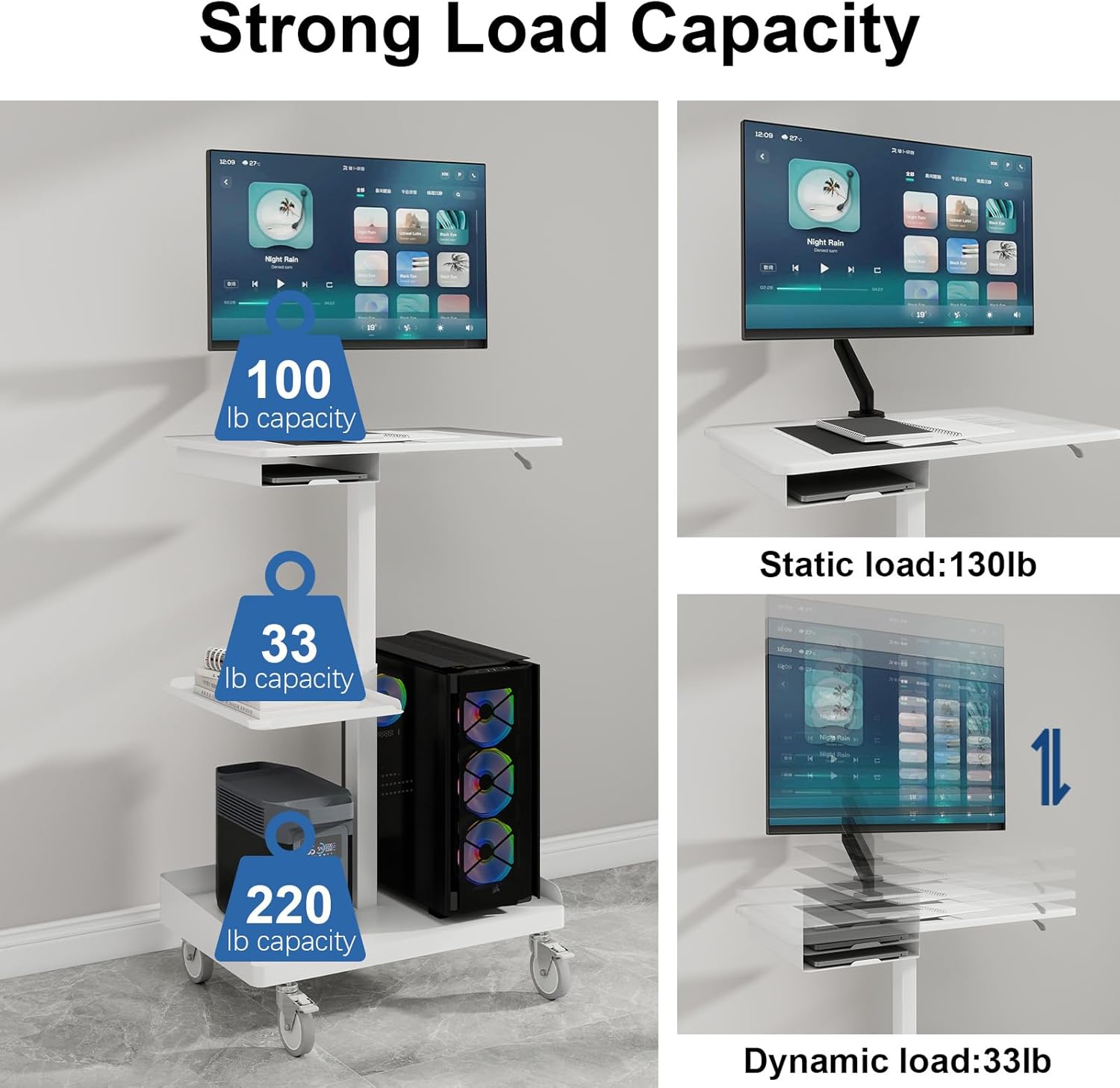 Natwind Mobile Workstation Cart with Monitor Mount,Height Adjustable Rolling Computer Cart, Heavy-Duty Rolling Standing Desk with CPU Holder for Home Office, School,Warehouse, Medical, Workshop