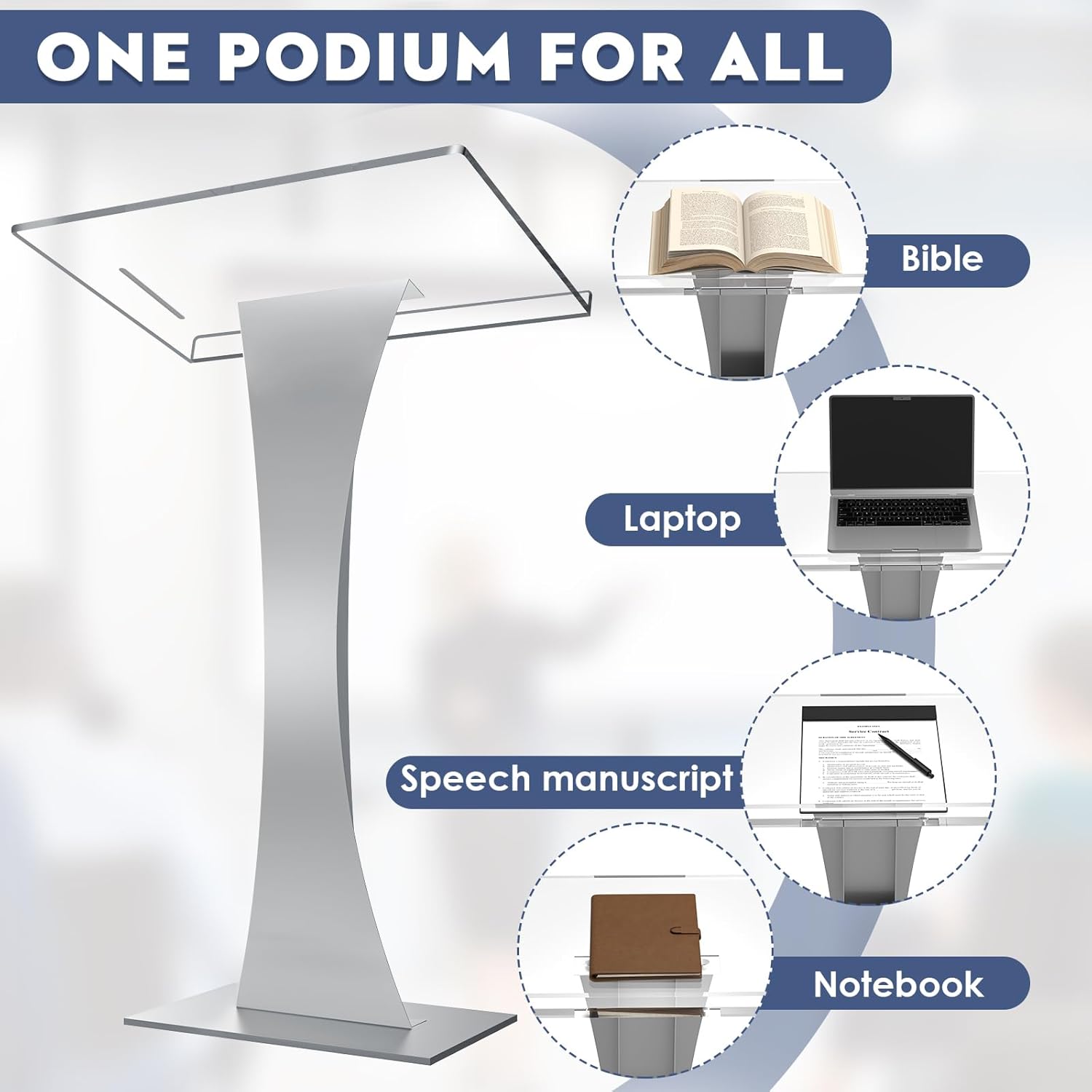 45" Acrylic Podium Stand, Ultra Clear Iron Pulpits for Churches, Modern Podium Lectern for Church, Conference, Speech, Classroom, 44.9"H x 23.6"L x 15.7"W (Silver)
