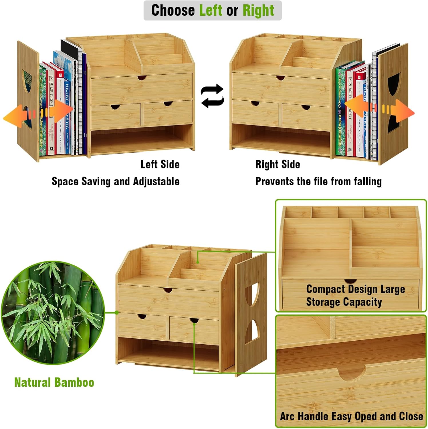 Bamboo Desktop Organizer with 3 Drawers 4 Tier Tabletop Organization Box with Adjustable File Book Holder A4 Full Size Drawer for Office Home