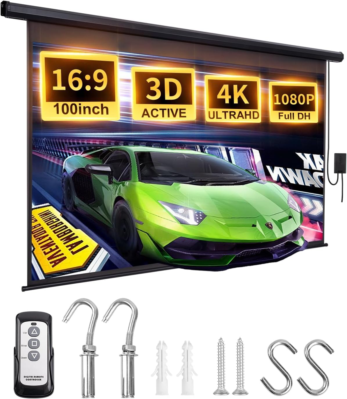 Projector Screen Motorized 100 Inch Electric Projector Screen with Remote Ceiling Mount Hooks, Pull Down Retractable Projection Screen Movie Screen Black 16:9, Automatic Projector Screen Roll Down